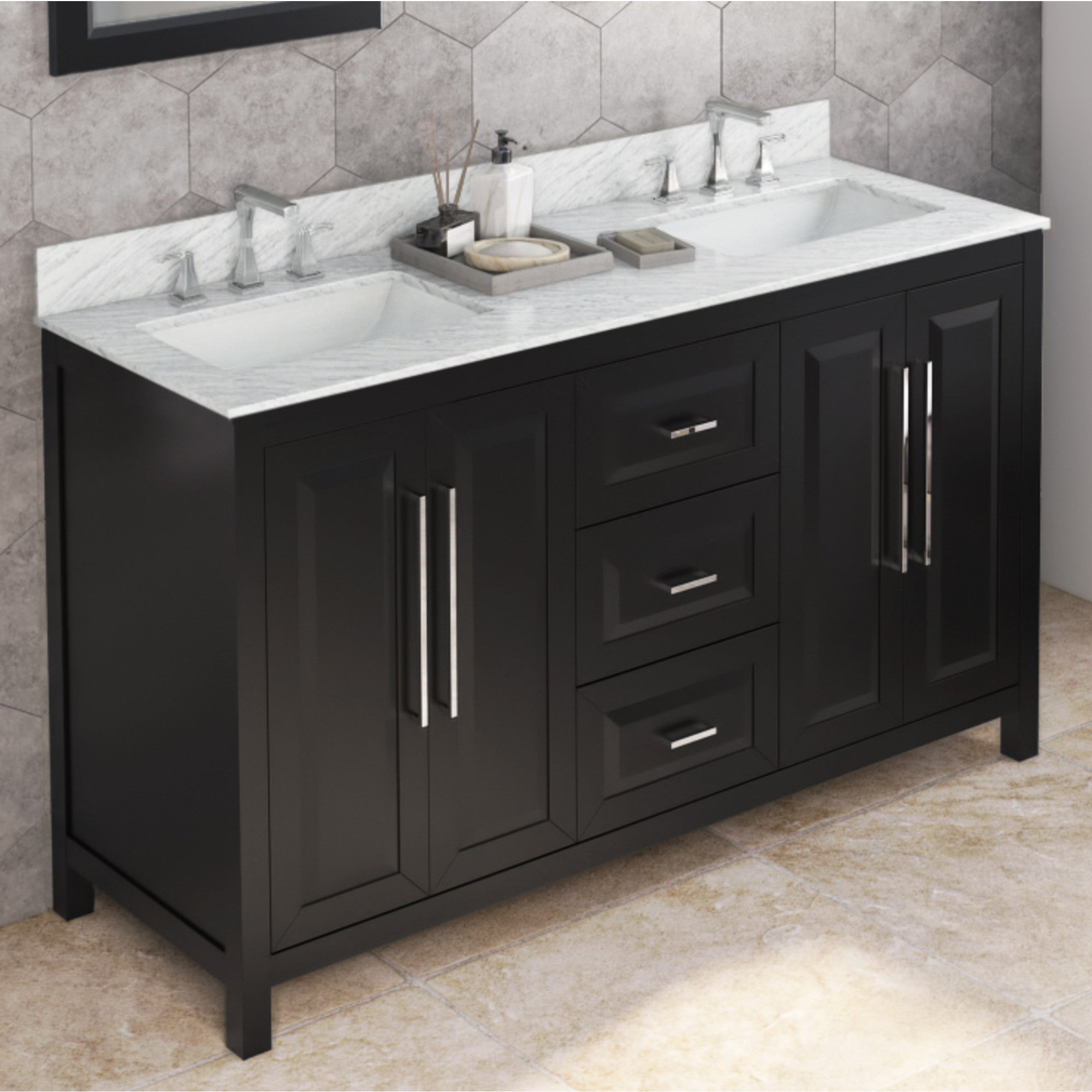 60" Black Cade Vanity, double bowl, White Carrara Marble Vanity Top, two undermount rectangle bowls