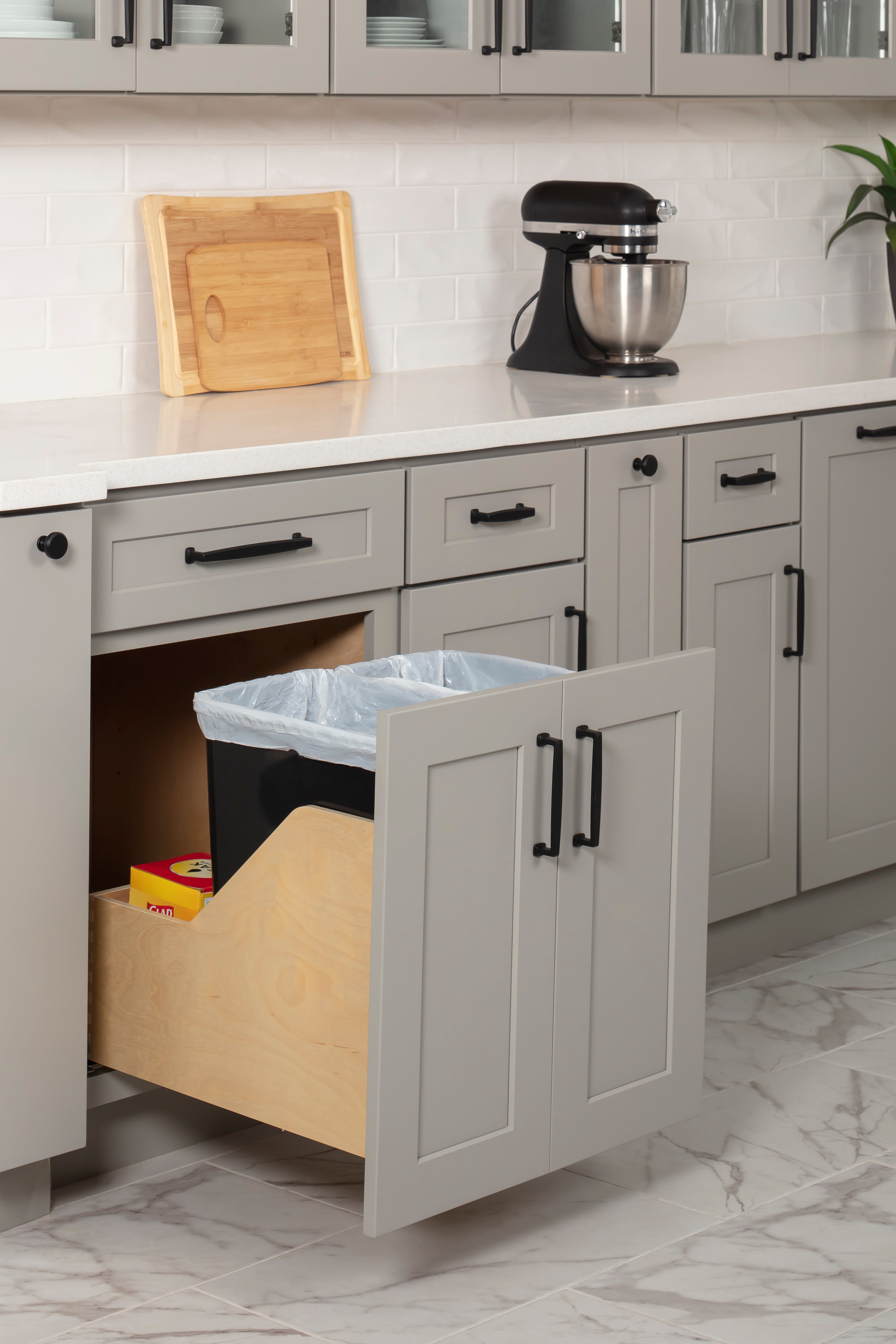 Double 35 Quart Wood Bottom-Mount Soft-close Trashcan Rollout for Door Mounting, Includes Two Black Cans and Door Joining Bracket