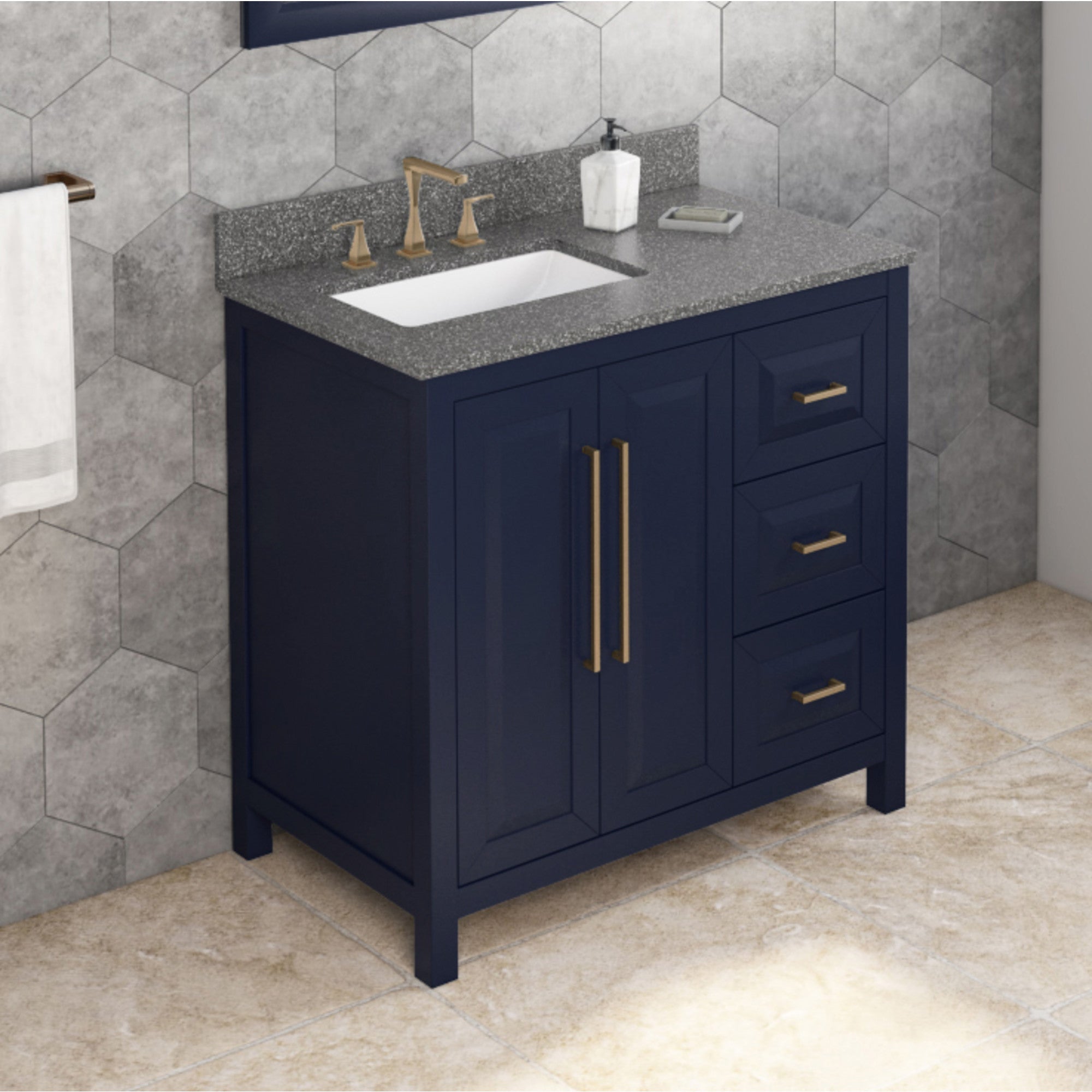 36" Hale Blue Cade Vanity, left offset, Boulder Vanity Cultured Marble Vanity Top, undermount rectangle bowl