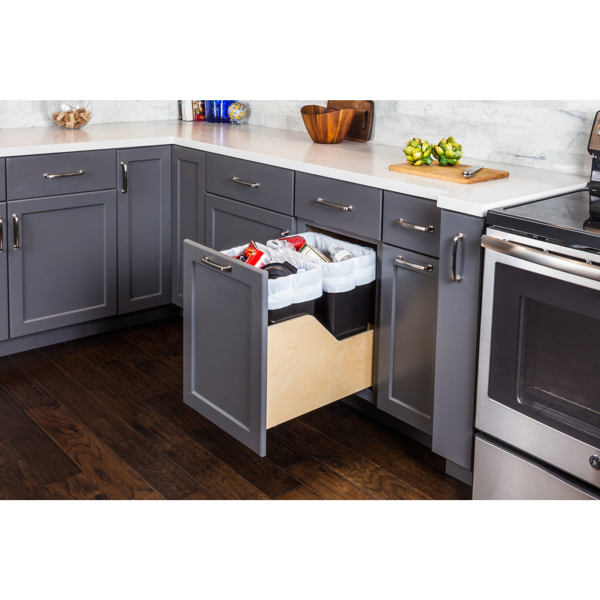 Double 35 Quart Wood Bottom-Mount Soft-close Trashcan Rollout for Door Mounting, Includes Two Black Cans