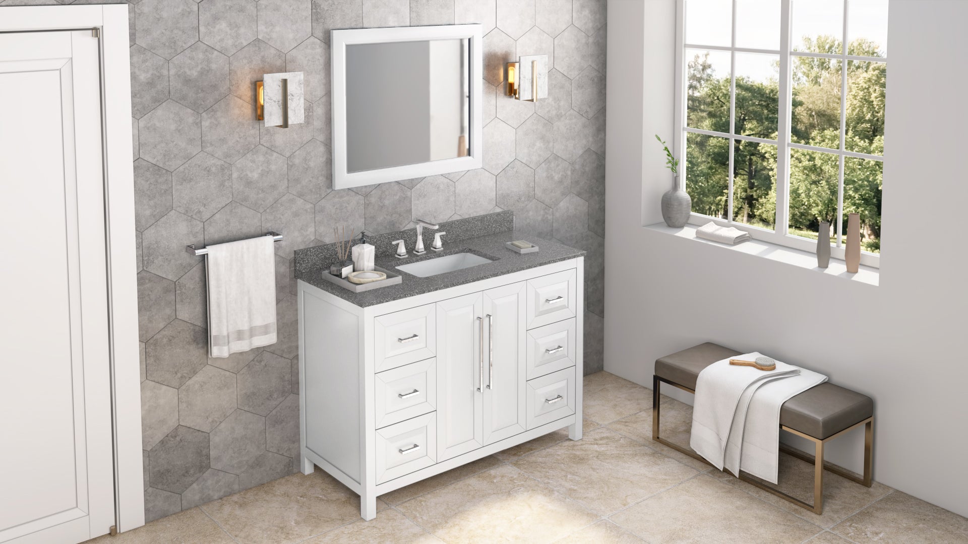 48" White Cade Vanity, Boulder Cultured Marble Vanity Top, undermount rectangle bowl