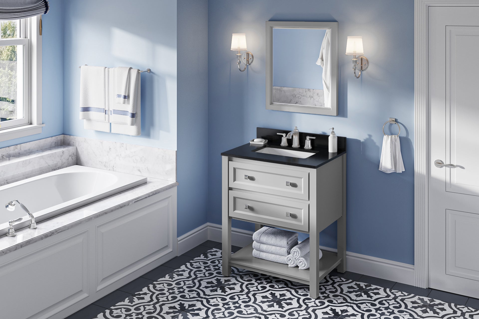 30" Grey Adler Vanity, Black Granite Vanity Top, undermount rectangle bowl