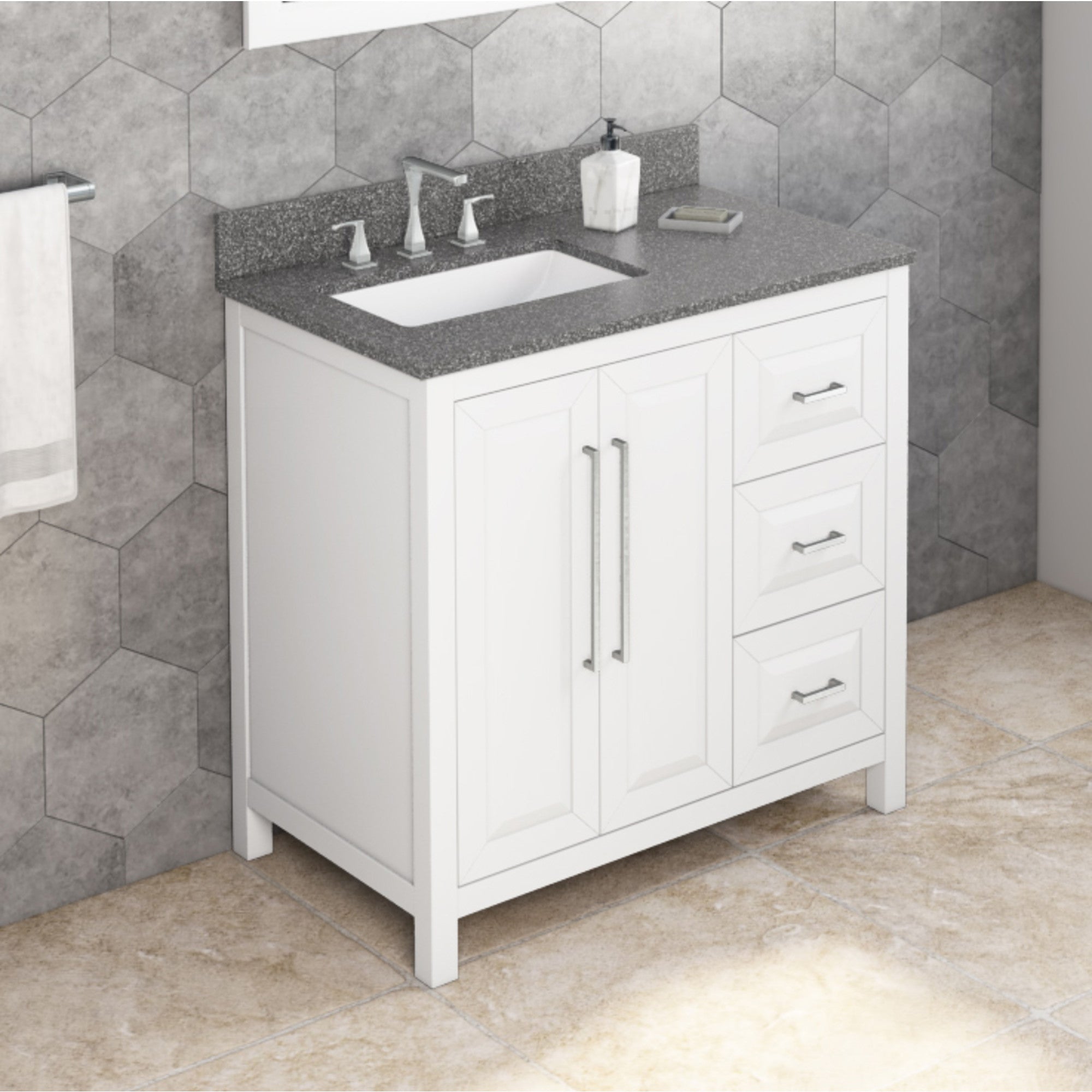 36" White Cade Vanity, left offset, Boulder Vanity Cultured Marble Vanity Top, undermount rectangle bowl