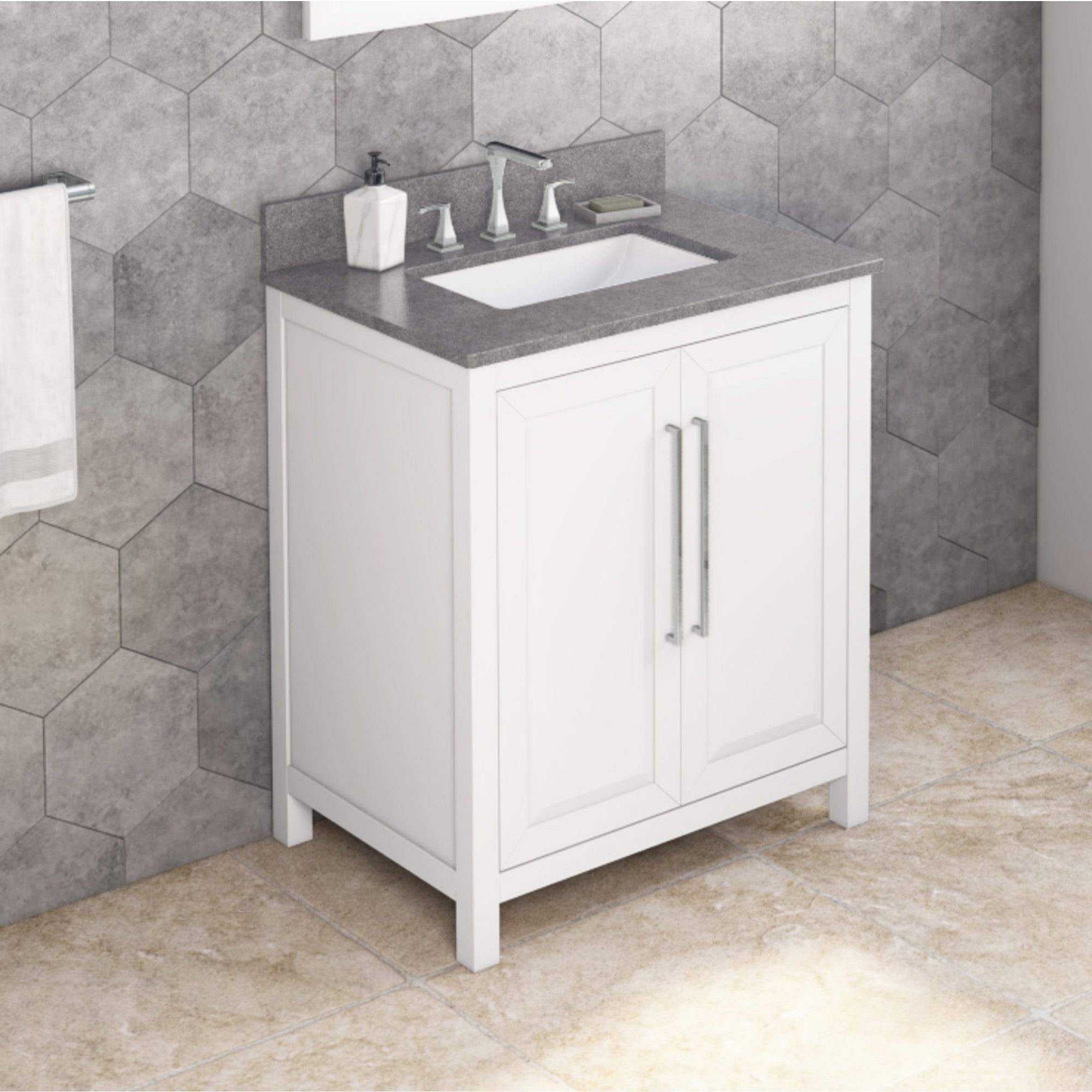 30" White Cade Vanity, Steel Grey Cultured Marble Vanity Top, undermount rectangle bowl
