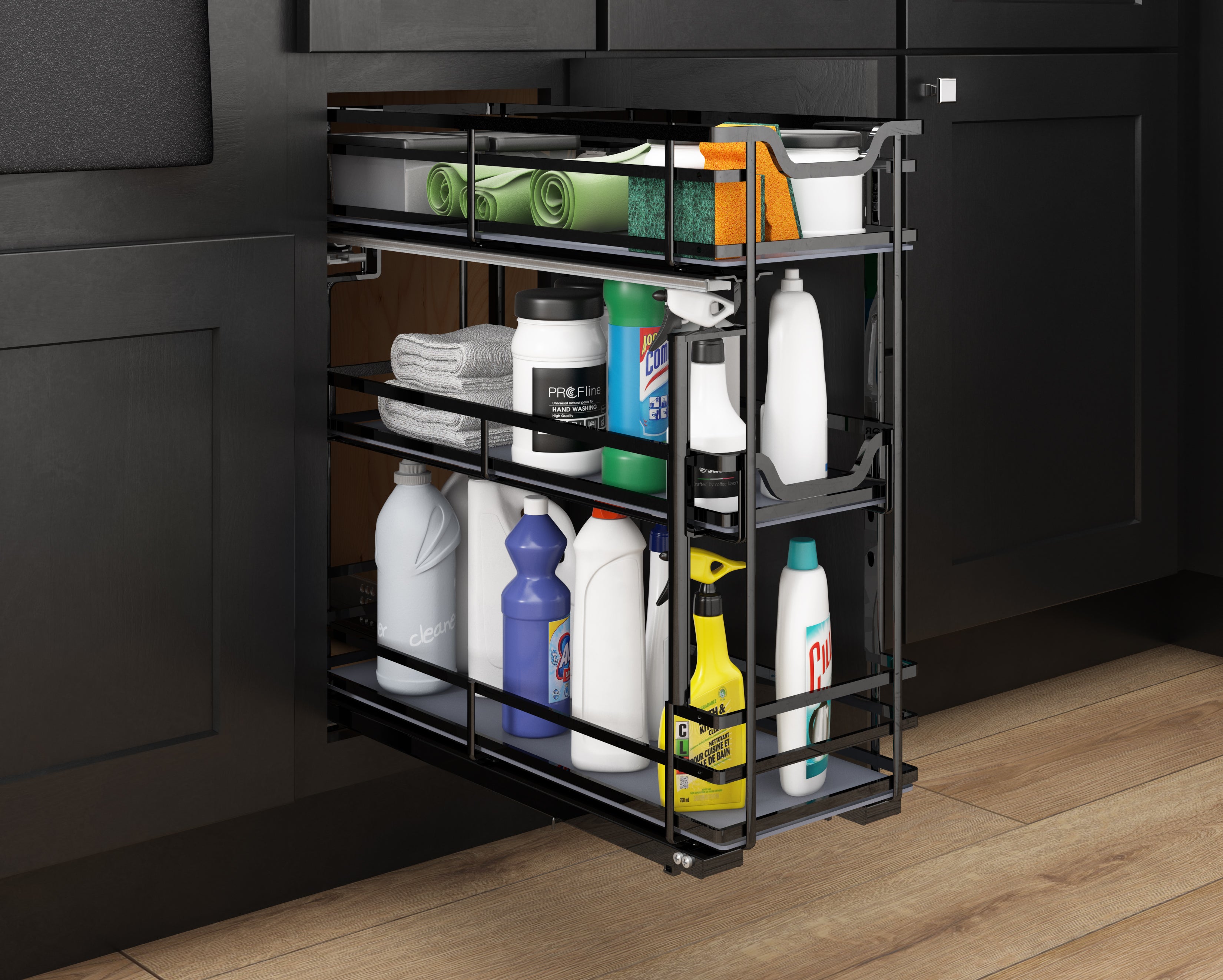 8" Black Nickel STORAGE WITH STYLE® Metal "No Wiggle" Under Drawer Soft-close Base Pullout