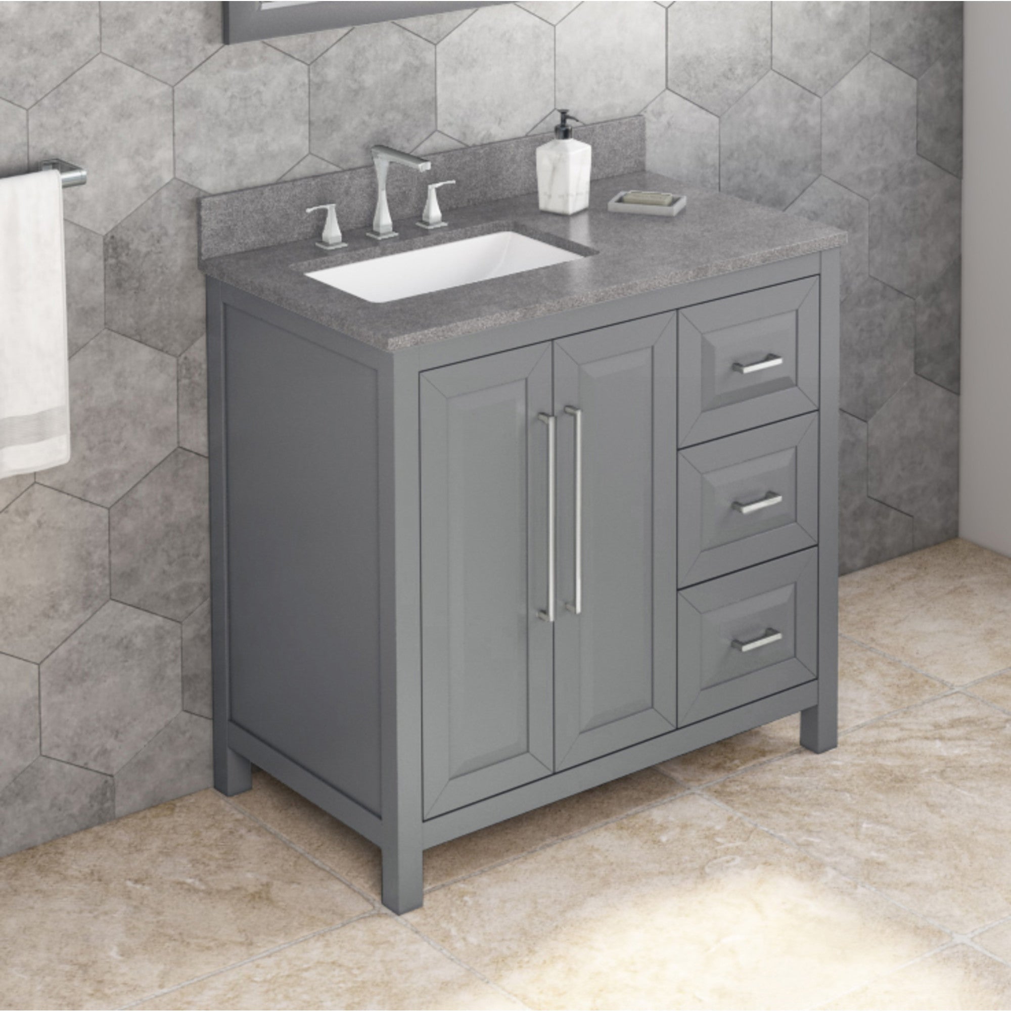 36" Grey Cade Vanity, left offset, Steel Grey Cultured Marble Vanity Top, undermount rectangle bowl