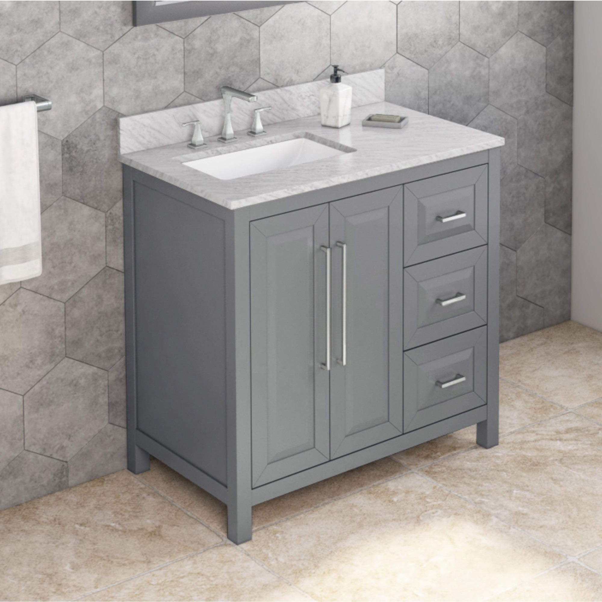 36" Grey Cade Vanity, left offset, White Carrara Marble Vanity Top, undermount rectangle bowl