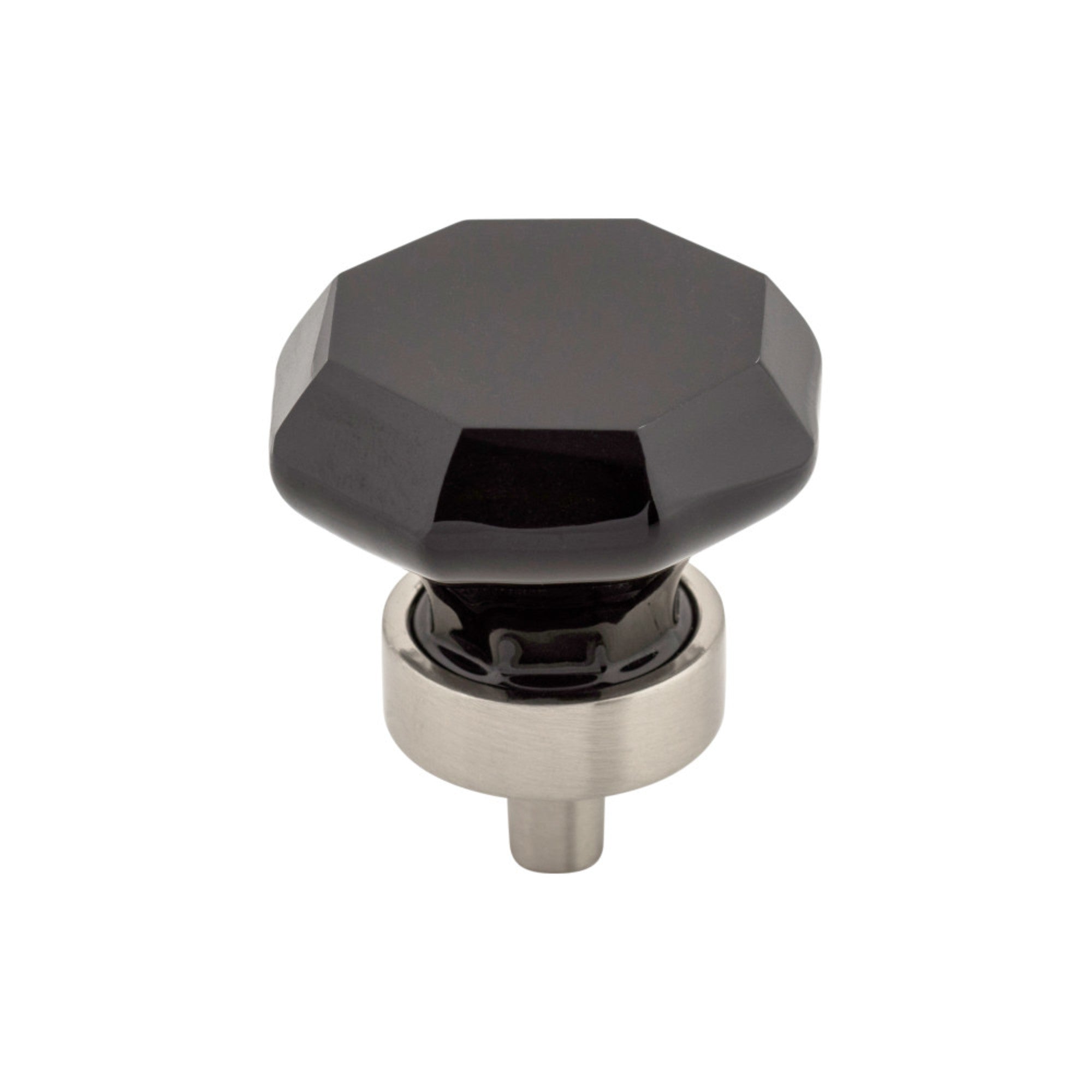Black Octagon Crystal Round Knob - Brushed Satin Nickel