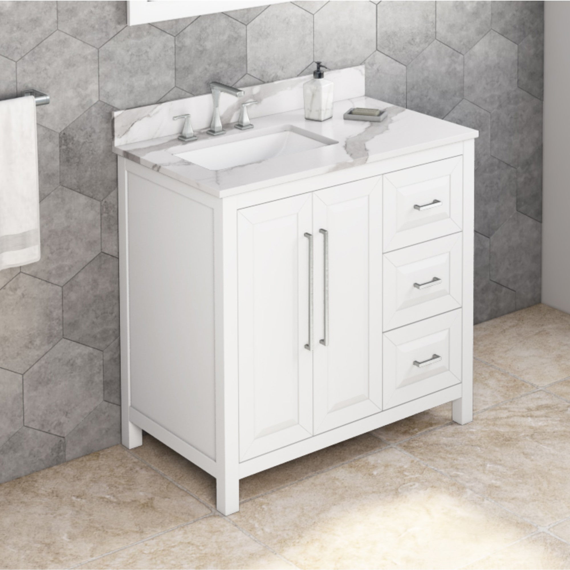 36" White Cade Vanity, left offset, Calacatta Vienna Quartz Vanity Top, undermount rectangle bowl