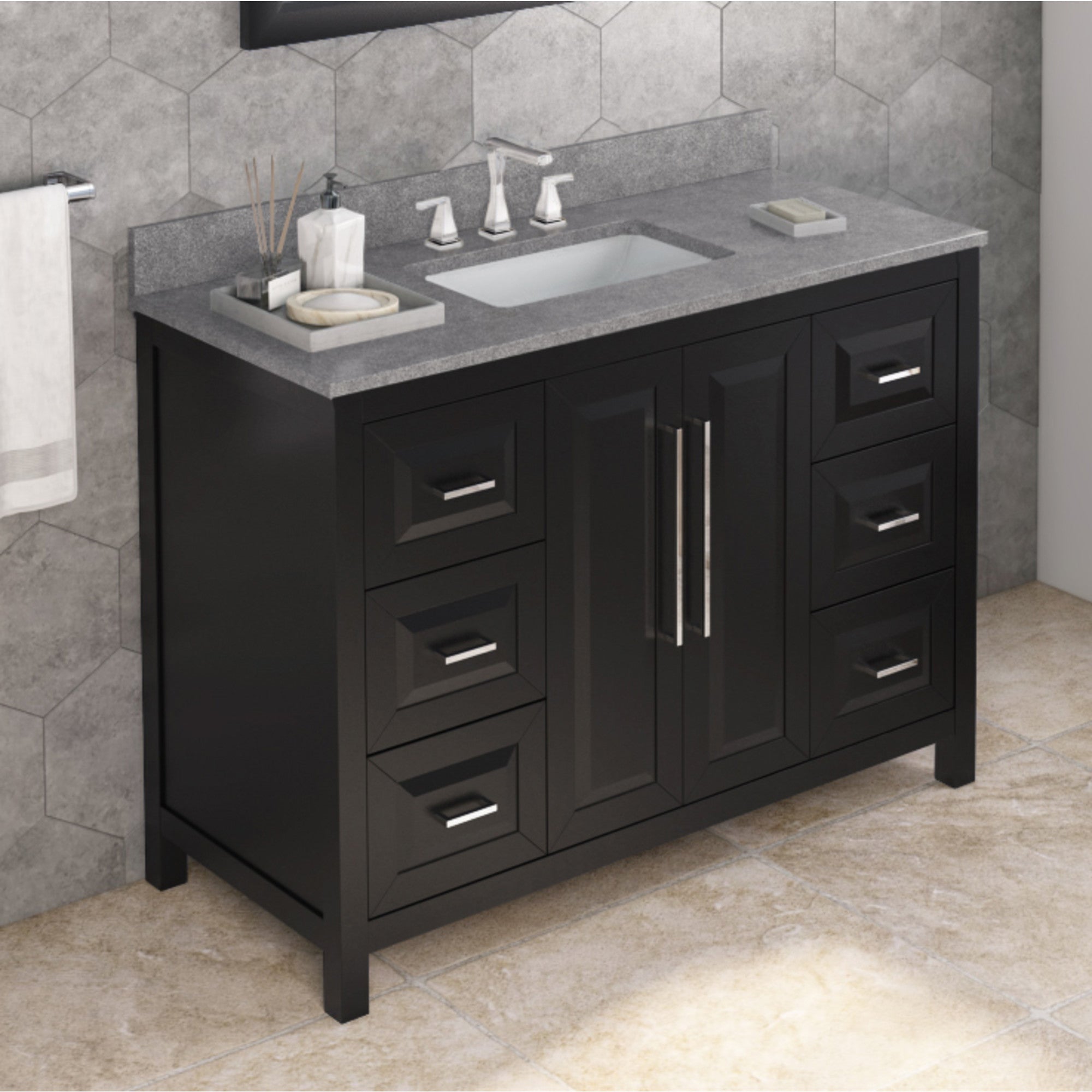 48" Black Cade Vanity, Steel Grey Cultured Marble Vanity Top, undermount rectangle bowl