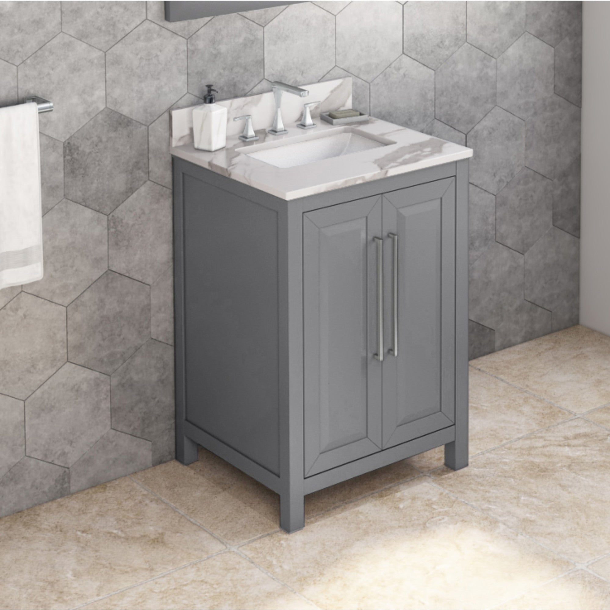 24" Grey Cade Vanity, Calacatta Vienna Quartz Vanity Top, undermount rectangle bowl