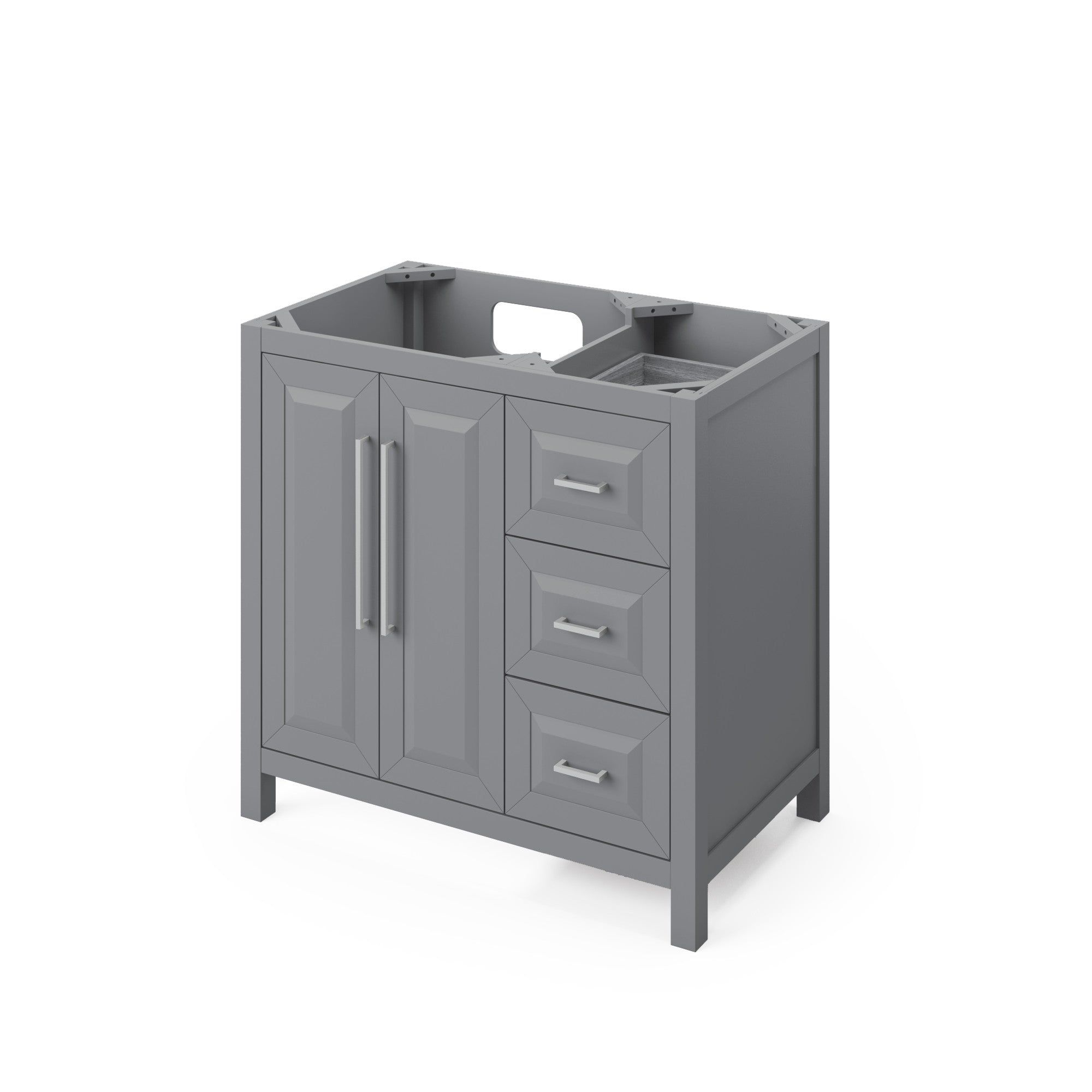 36" Grey Cade Vanity, left offset, Boulder Vanity Cultured Marble Vanity Top, undermount rectangle bowl