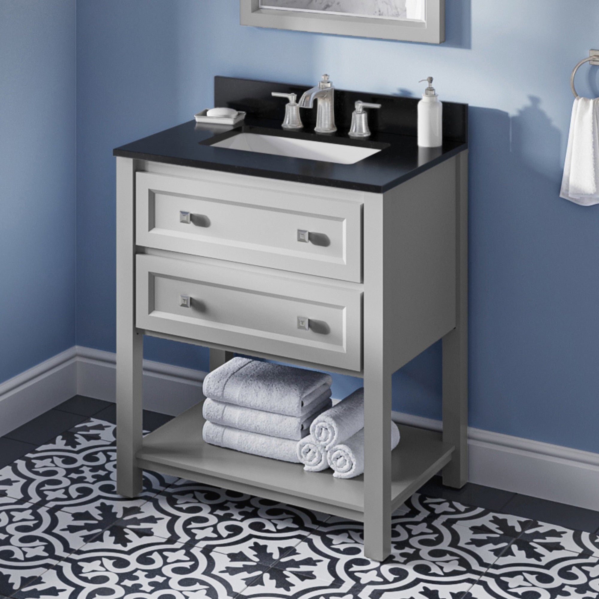 30" Grey Adler Vanity, Black Granite Vanity Top, undermount rectangle bowl