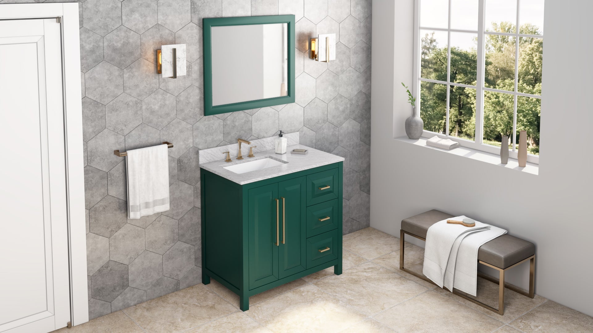 36" Forest Green Cade Vanity, left offset, White Carrara Marble Vanity Top, undermount rectangle bowl