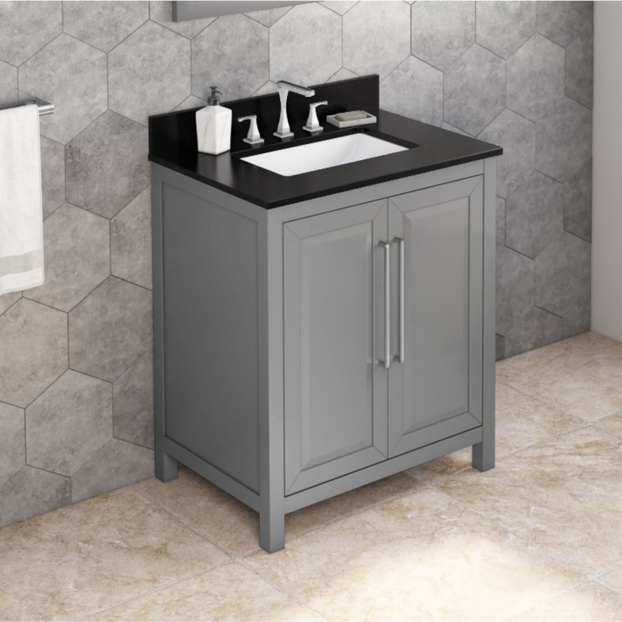 30" Grey Cade Vanity, Black Granite Vanity Top, undermount rectangle bowl