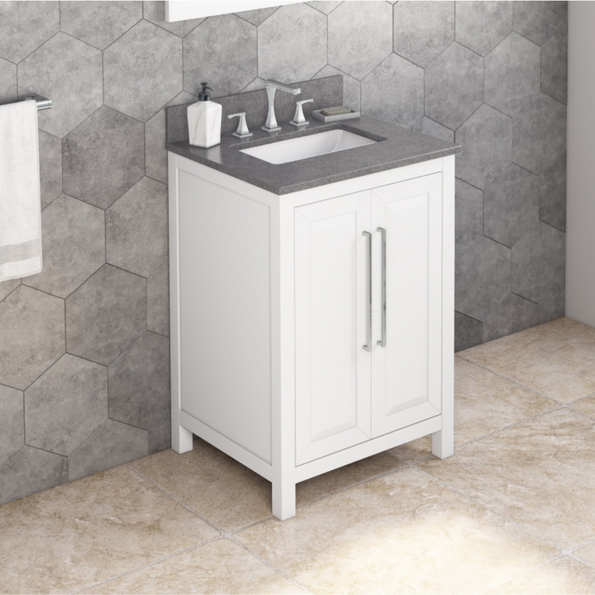 24" White Cade Vanity, Steel Grey Cultured Marble Vanity Top, undermount rectangle bowl