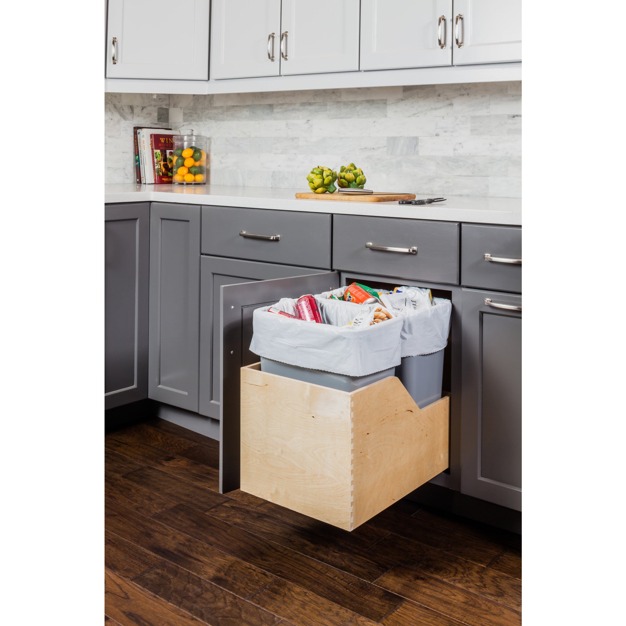 Double 35 Quart Wood Bottom-Mount Soft-close Trashcan Rollout for Hinged Doors, Includes Two Grey Cans