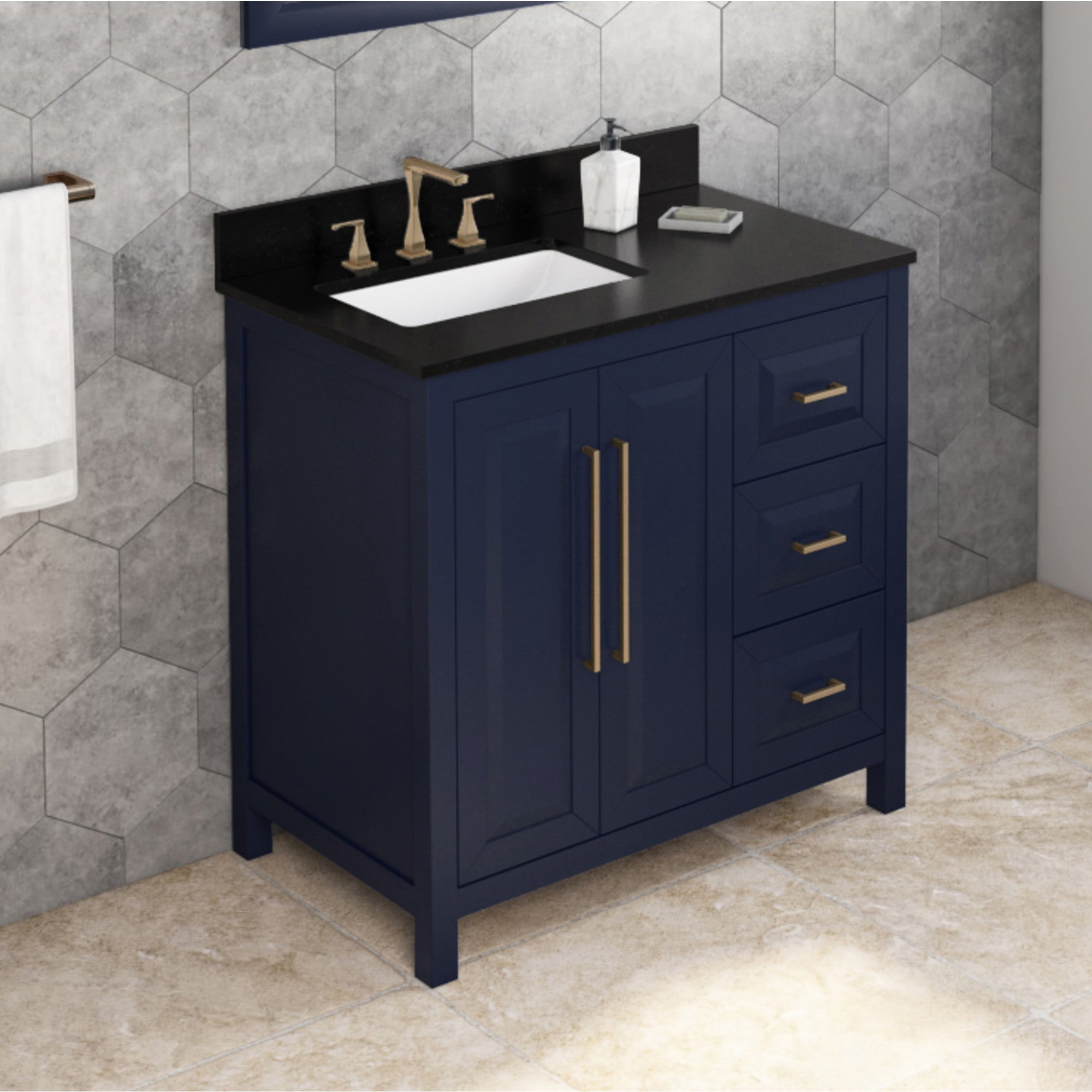 36" Hale Blue Cade Vanity, left offset, Black Granite Vanity Top, undermount rectangle bowl