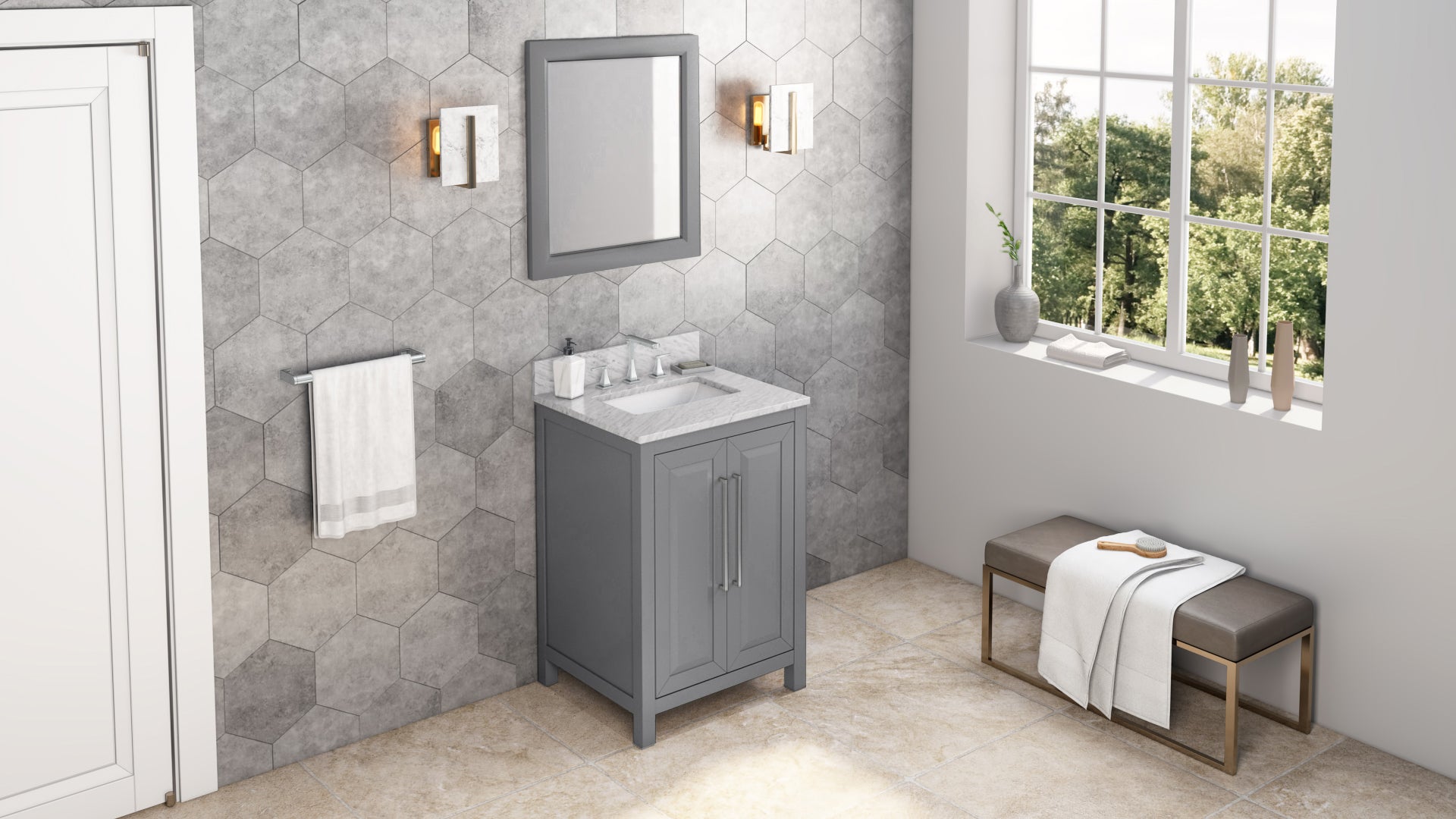 24" Grey Cade Vanity, White Carrara Marble Vanity Top, undermount rectangle bowl