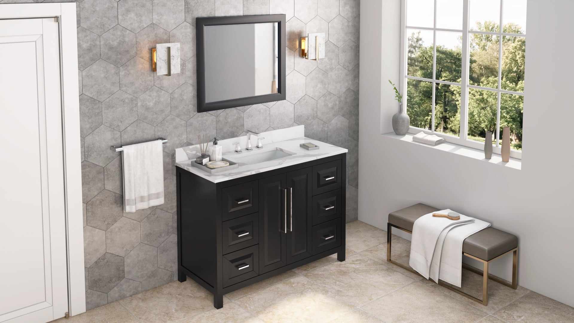48" Black Cade Vanity, Calacatta Vienna Quartz Vanity Top, undermount rectangle bowl
