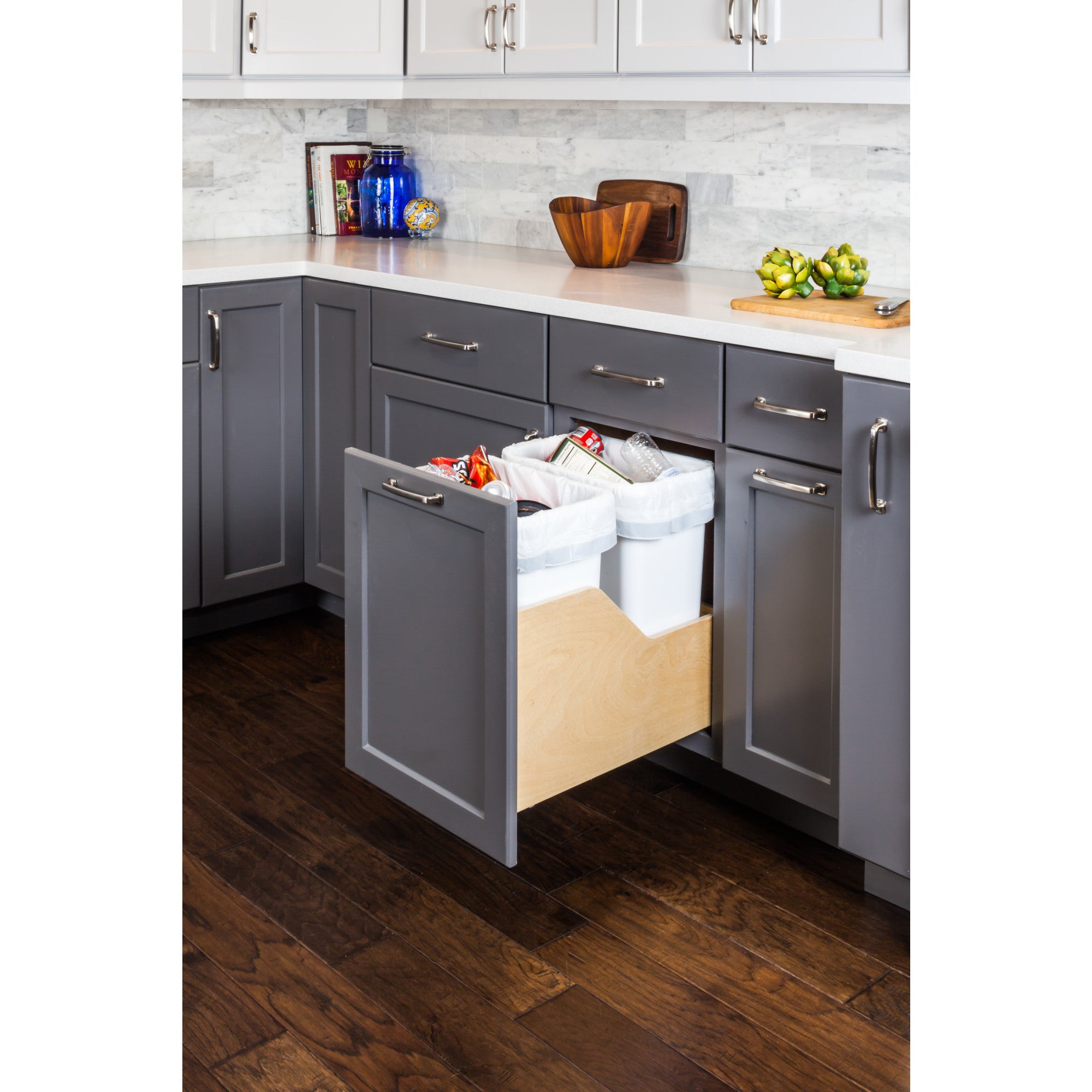 Double 35 Quart Wood Bottom-Mount Soft-close Trashcan Rollout for Door Mounting, Includes Two White Cans
