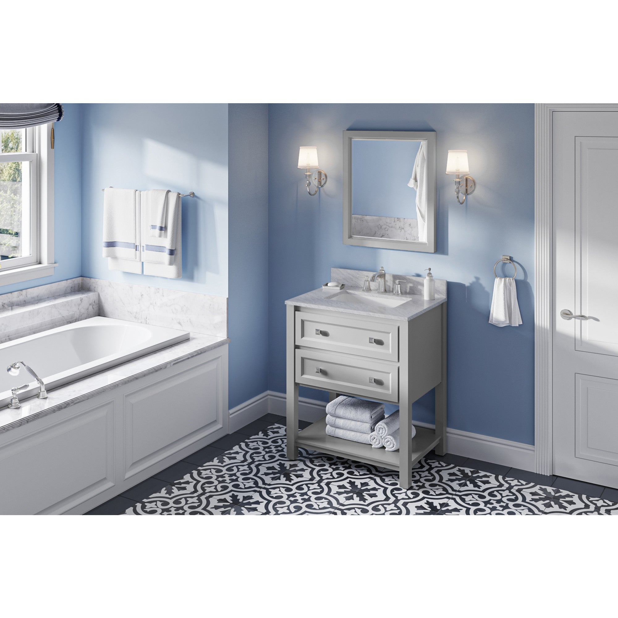 30" Grey Adler Vanity, White Carrara Marble Vanity Top, undermount rectangle bowl