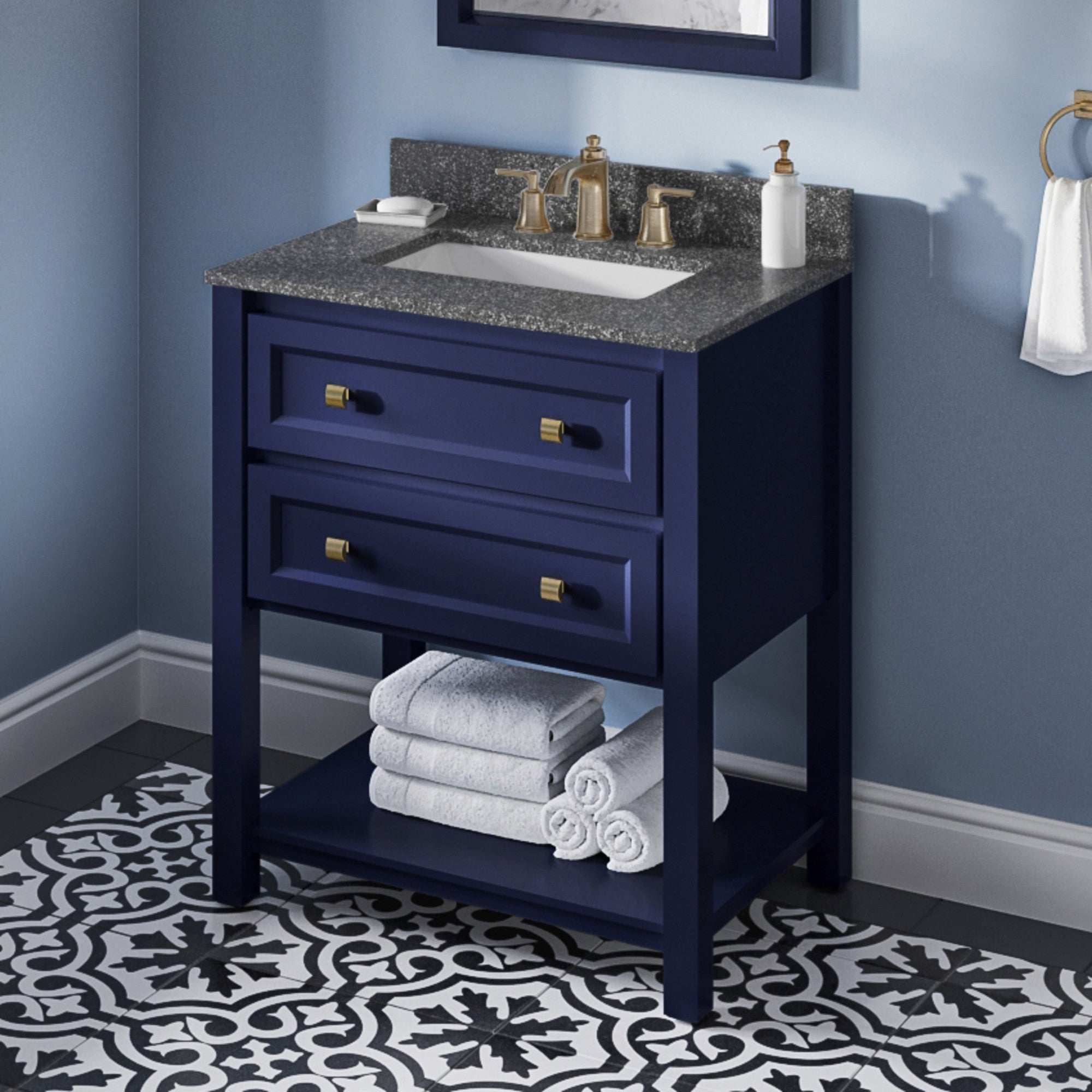 30" Hale Blue Adler Vanity, Boulder Cultured Marble Vanity Top, undermount rectangle bowl