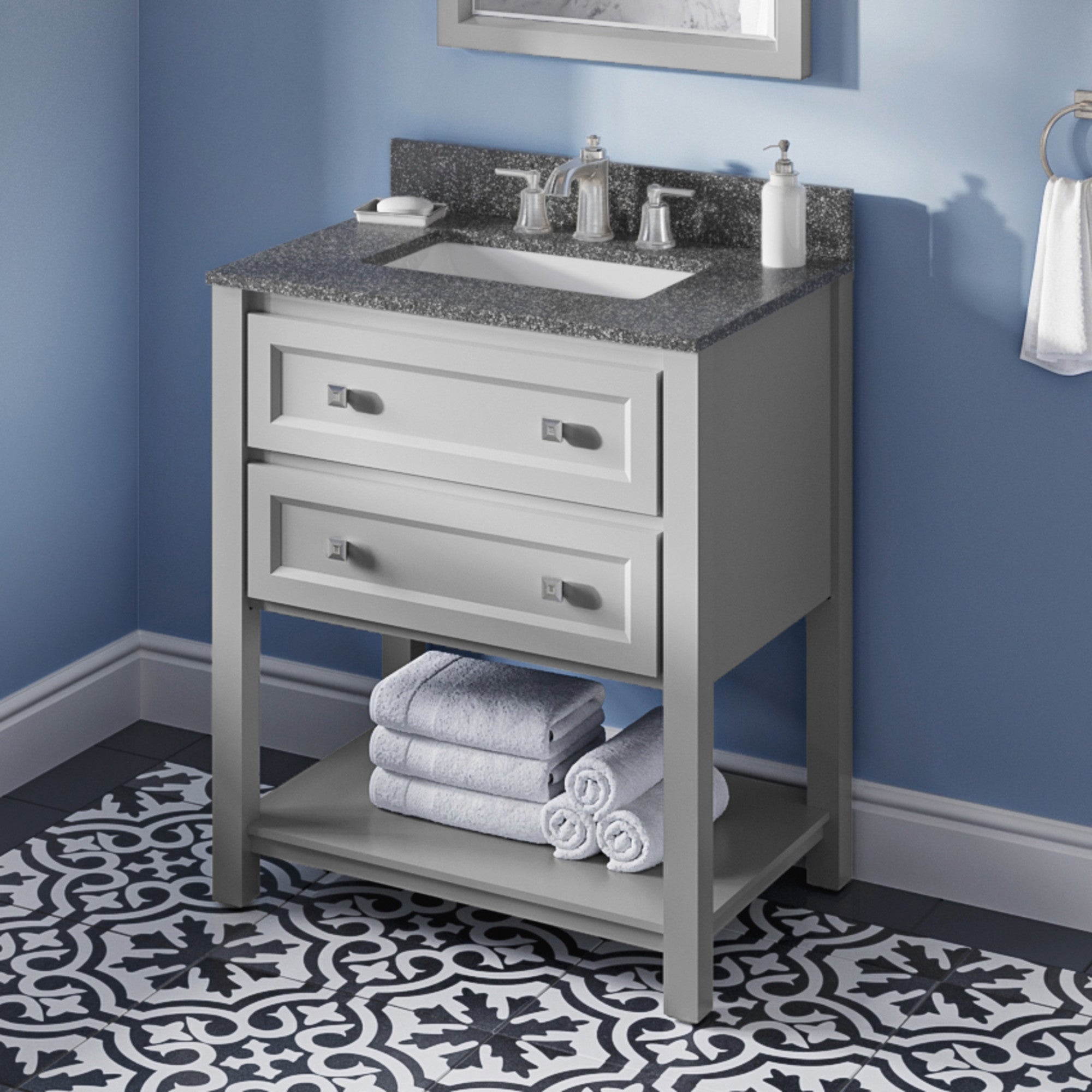 30" Grey Adler Vanity, Boulder Cultured Marble Vanity Top, undermount rectangle bowl