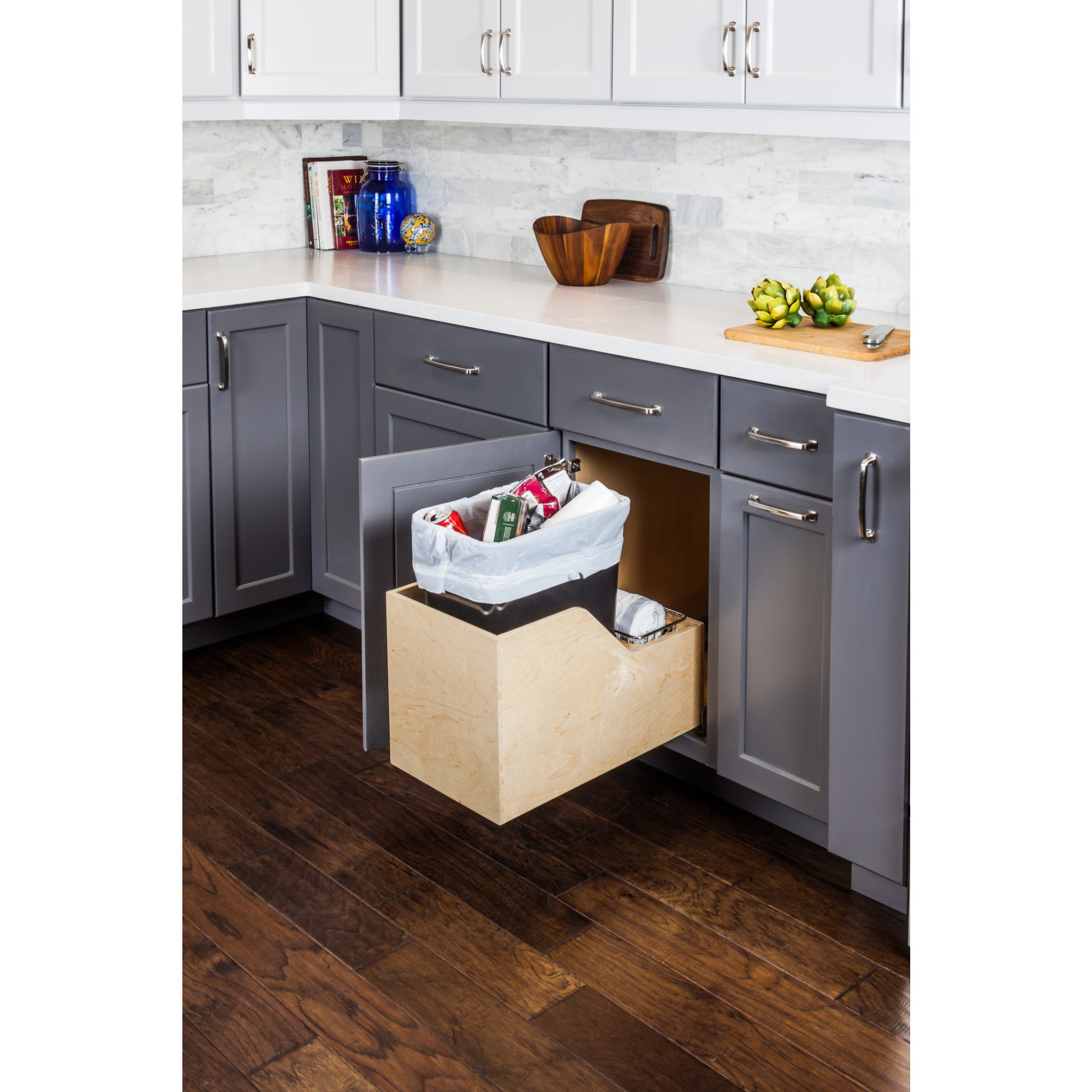 Single 35 Quart Wood Bottom-Mount Soft-close Trashcan Rollout for Hinged Doors, Includes One Black Can