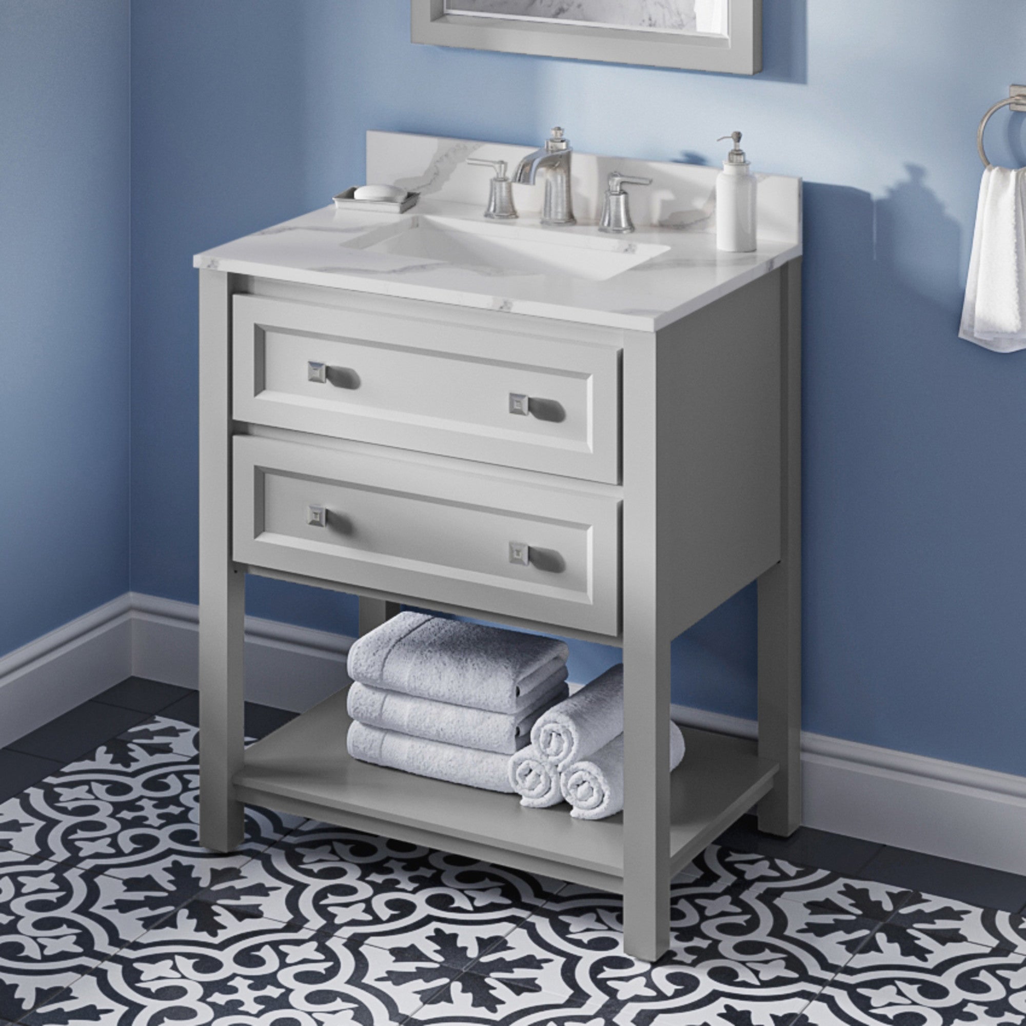 30" Grey Adler Vanity, Calacatta Vienna Quartz Vanity Top, undermount rectangle bowl