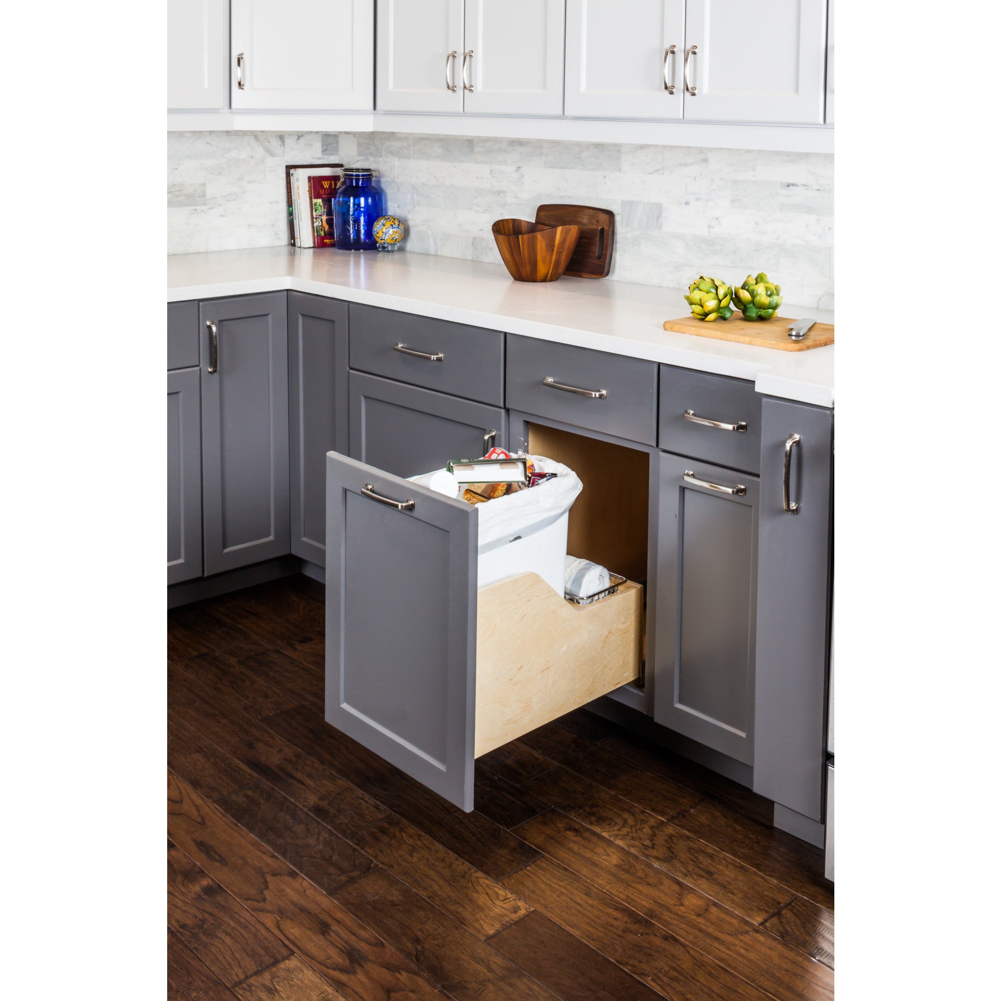 Single 35 Quart Wood Bottom-Mount Soft-close Trashcan Rollout for Door Mounting, Includes One White Can