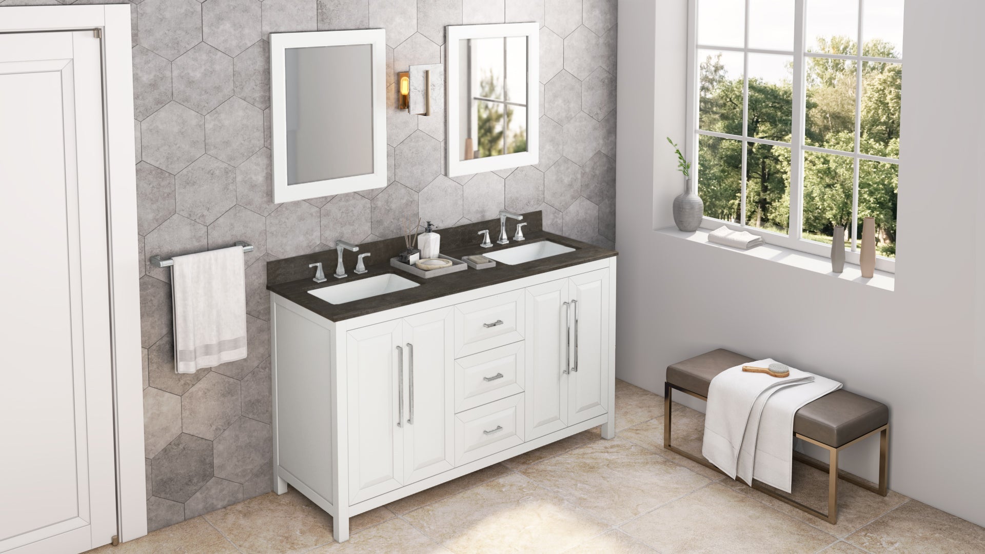 60" White Cade Vanity, double bowl