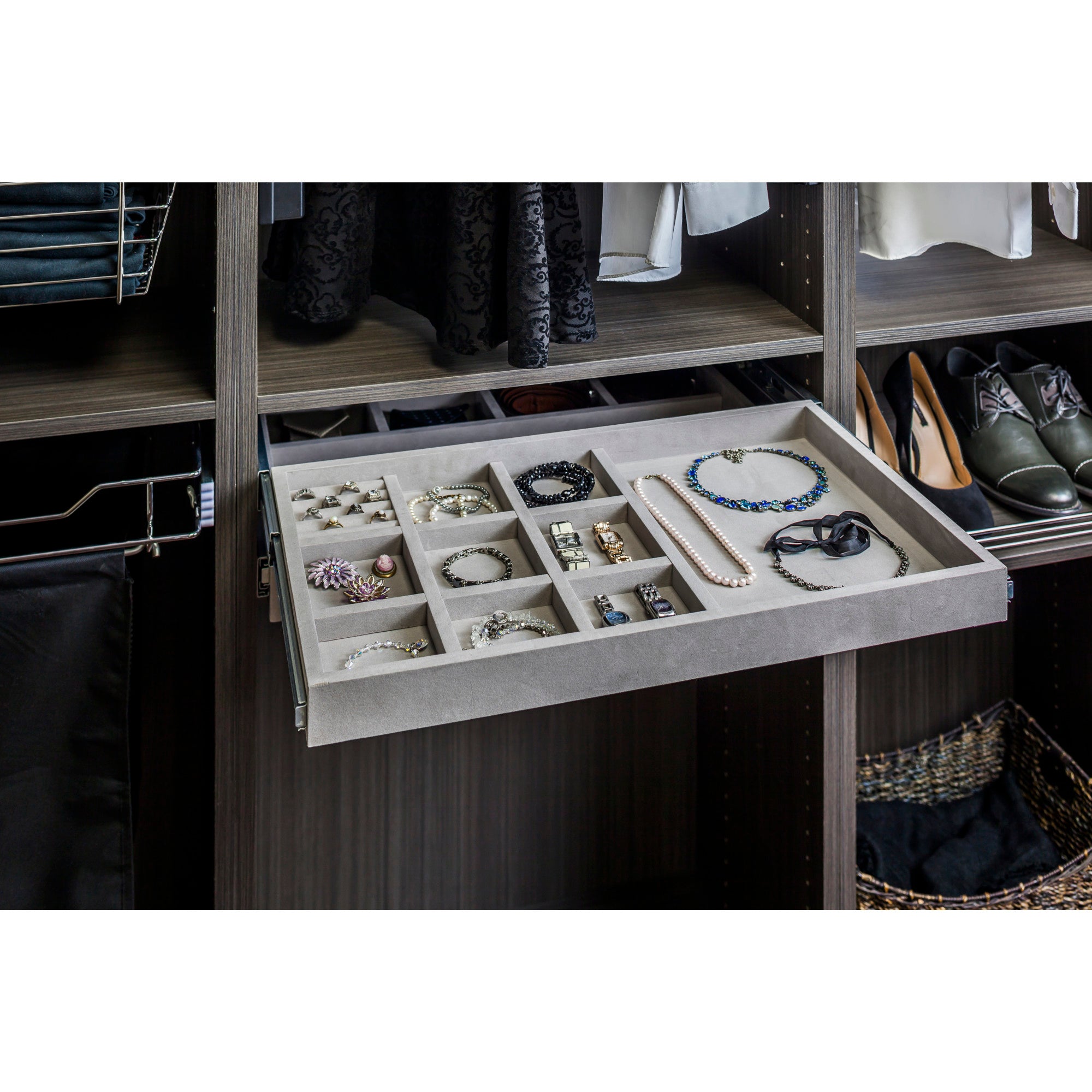 Grey Felt 10-Compartment Jewelry Organizer Drawer