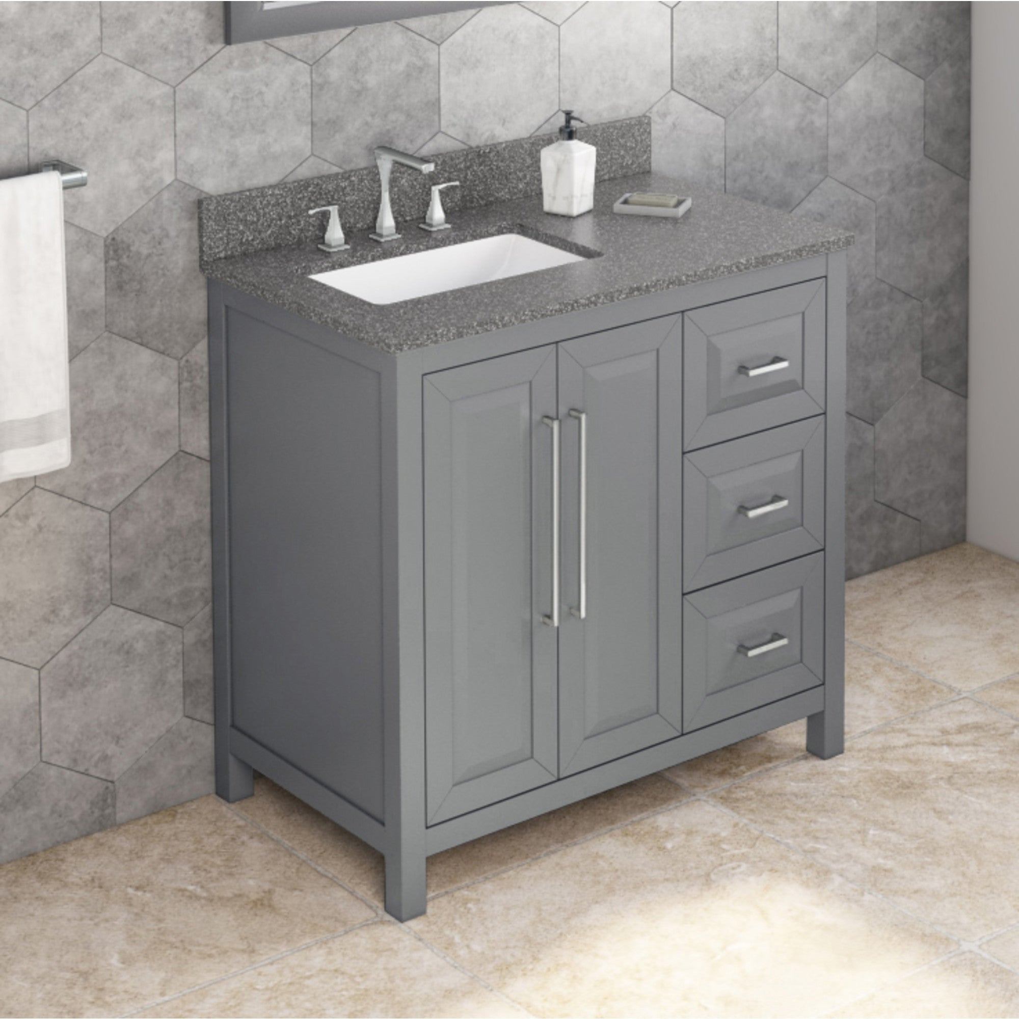36" Grey Cade Vanity, left offset, Boulder Vanity Cultured Marble Vanity Top, undermount rectangle bowl
