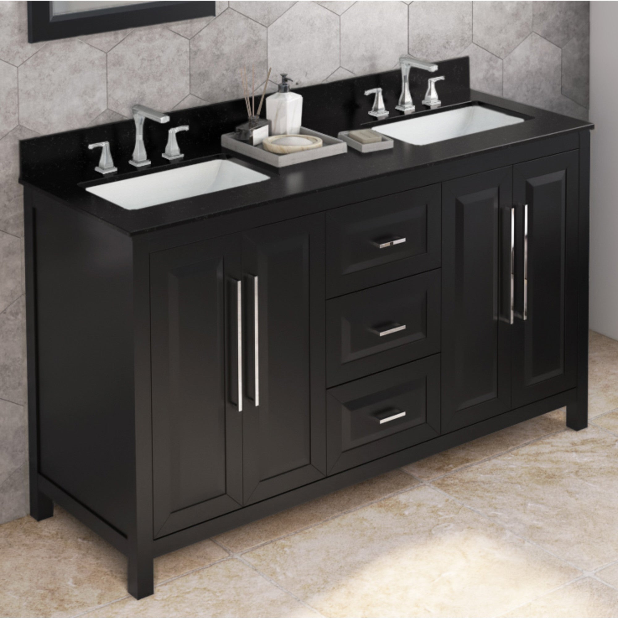 60" Black Cade Vanity, double bowl, Black Granite Vanity Top, two undermount rectangle bowls