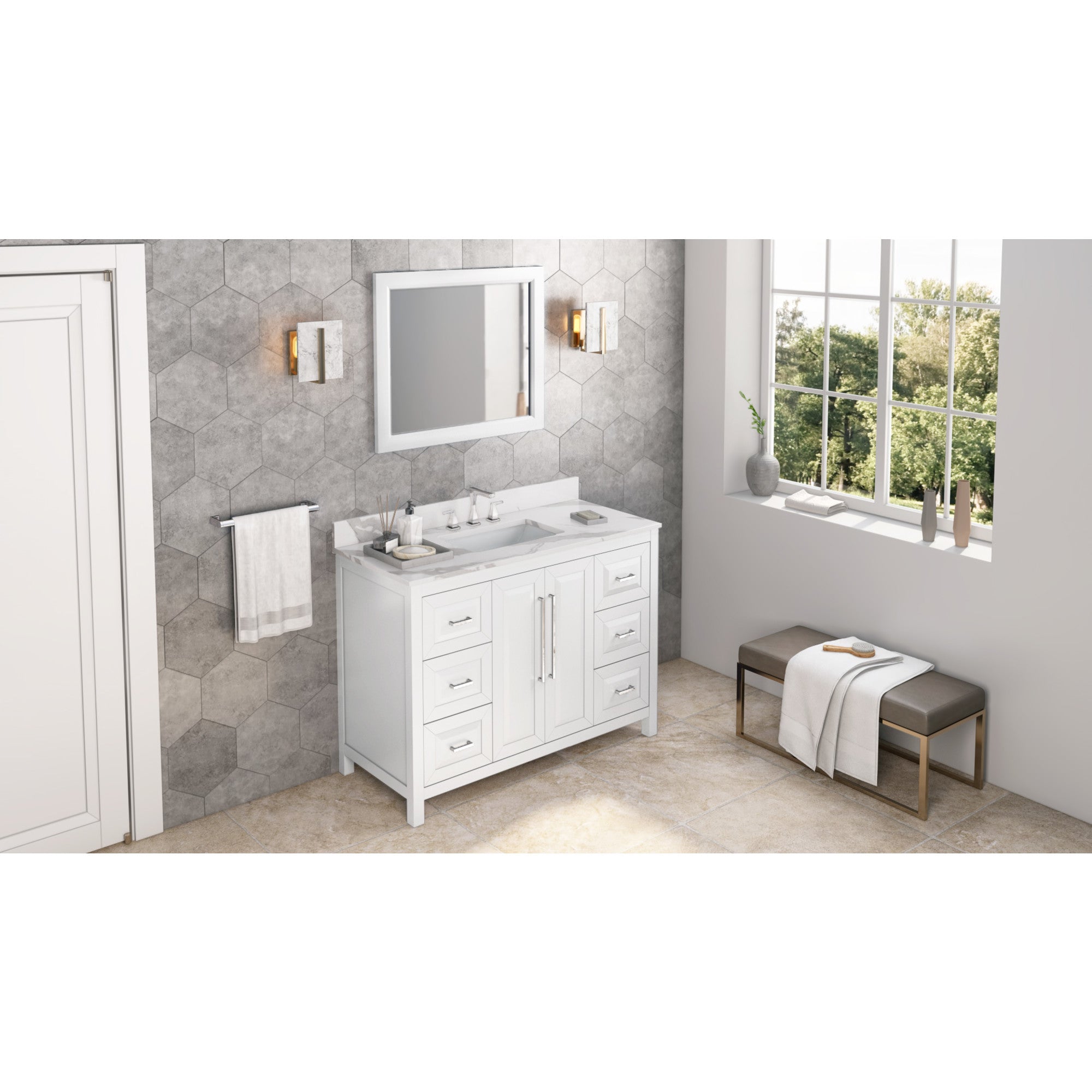 48" White Cade Vanity, Calacatta Vienna Quartz Vanity Top, undermount rectangle bowl