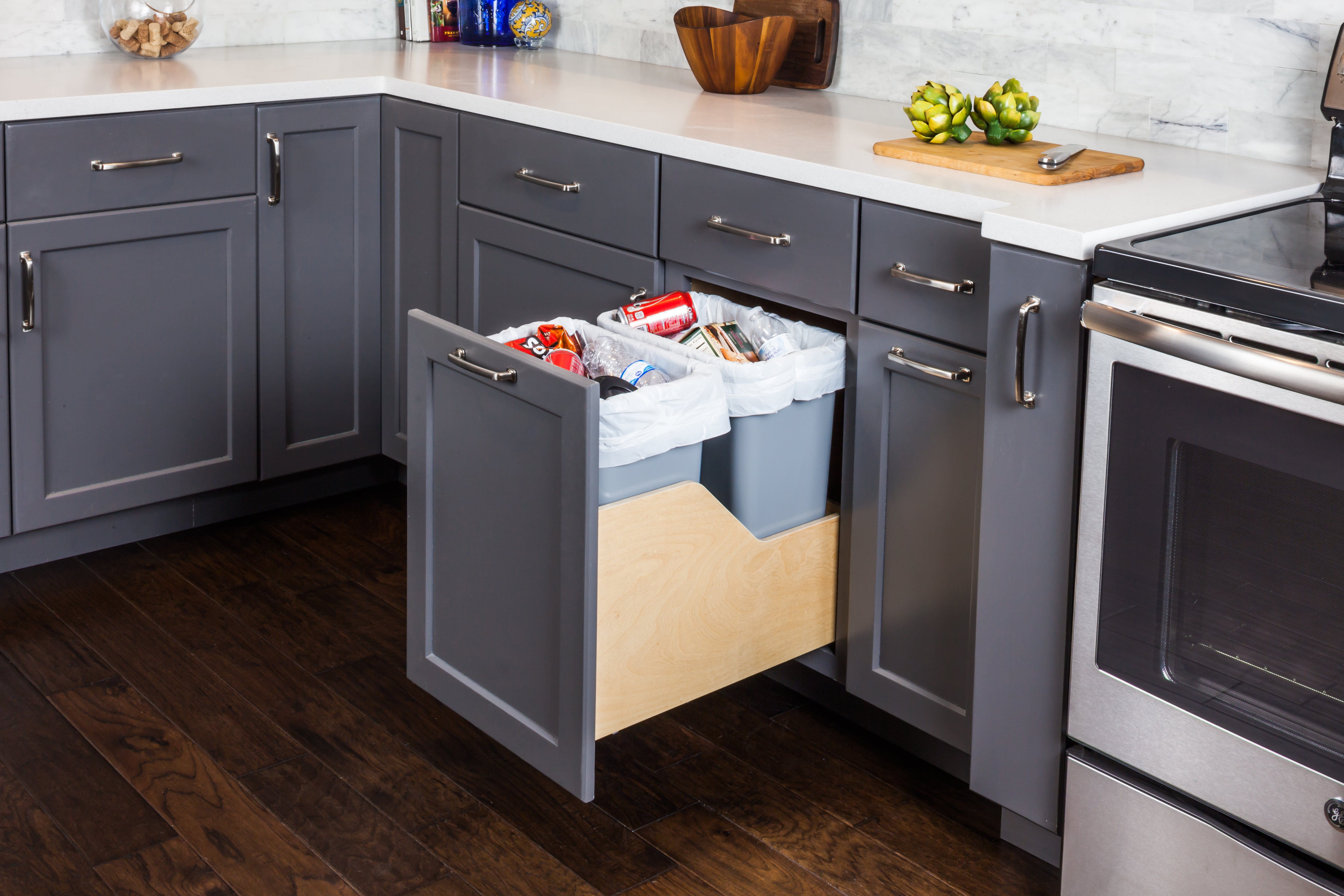 Double 35 Quart Wood Bottom-Mount Soft-close Trashcan Rollout for Door Mounting, Includes Two Grey Cans
