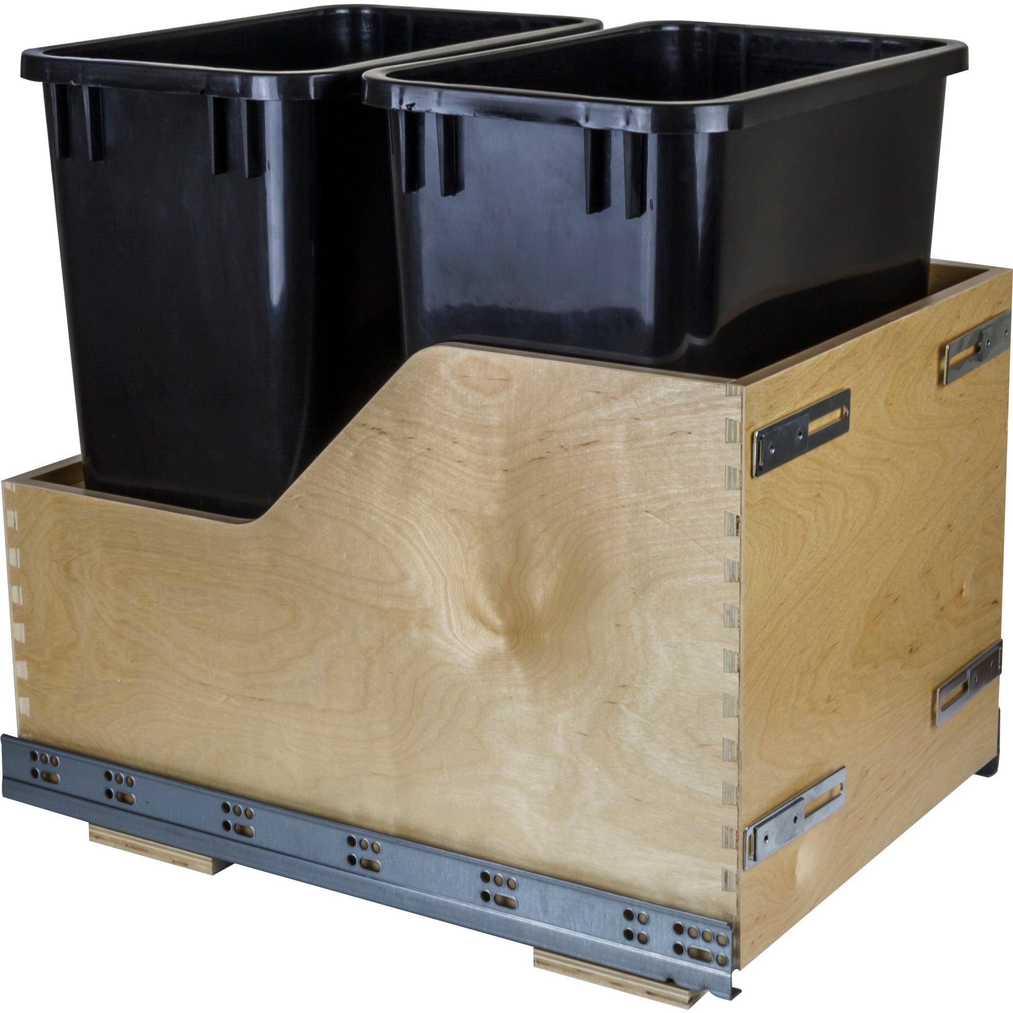 Double 35 Quart Wood Bottom-Mount Soft-close Trashcan Rollout for Door Mounting, Includes Two Black Cans