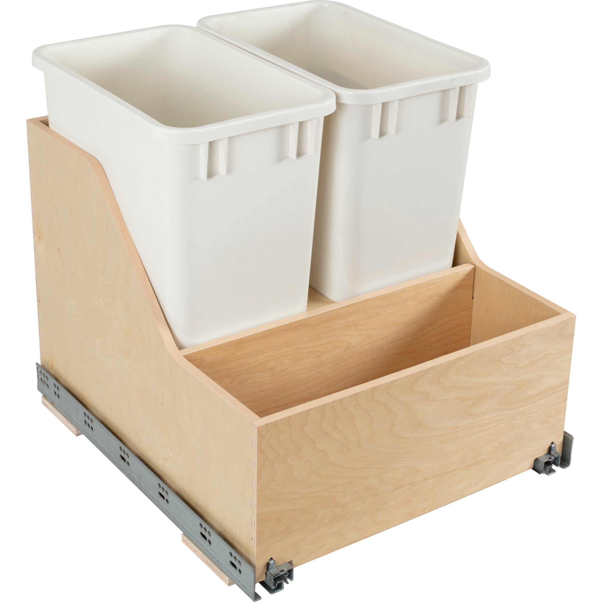 Double 35 Quart Wood Bottom-Mount Soft-close Trashcan Rollout for Door Mounting, Includes Two White Cans and Door Joining Bracket