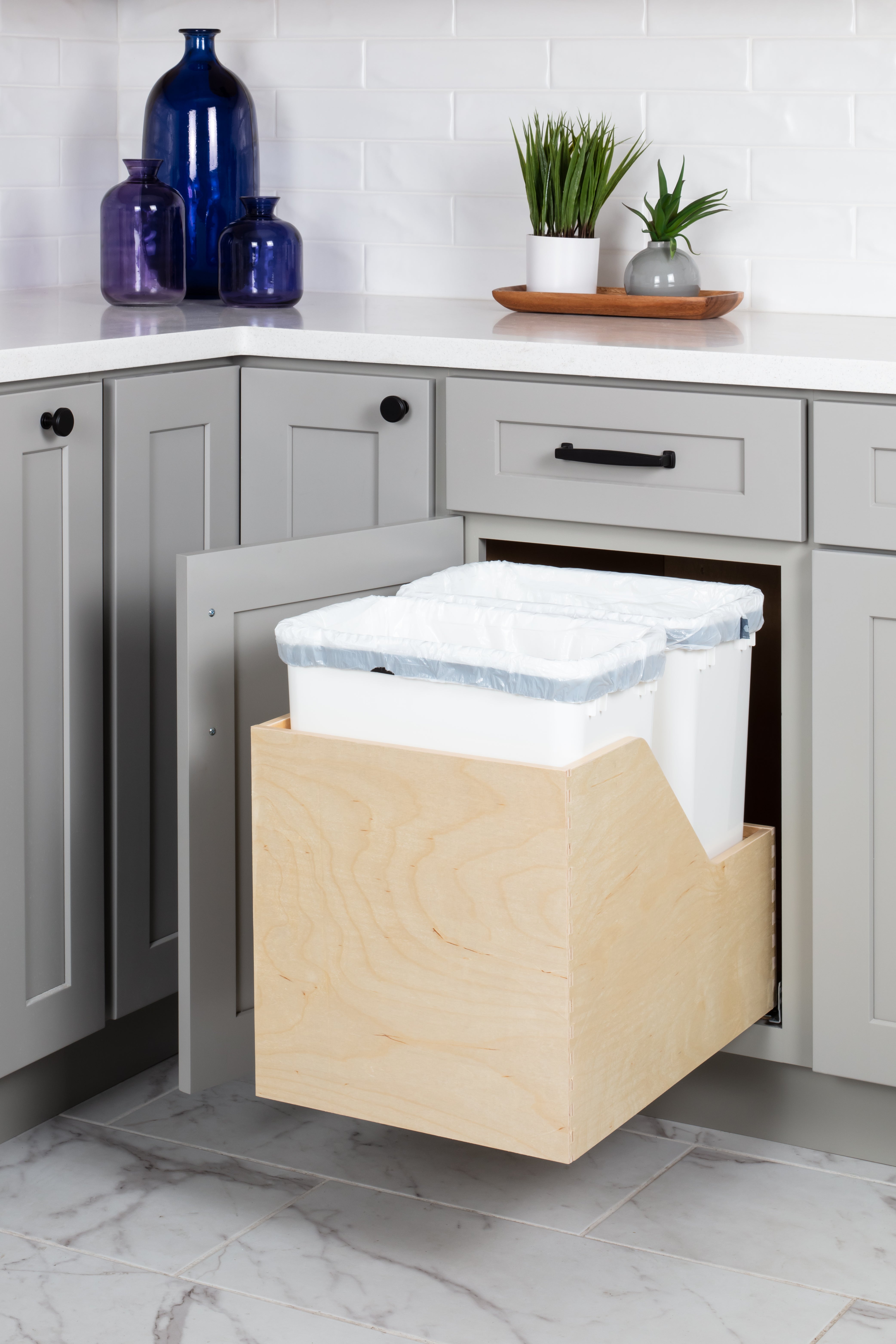 Double 35 Quart Wood Bottom-Mount Soft-close Trashcan Rollout for Hinged Doors, Includes Two White Cans