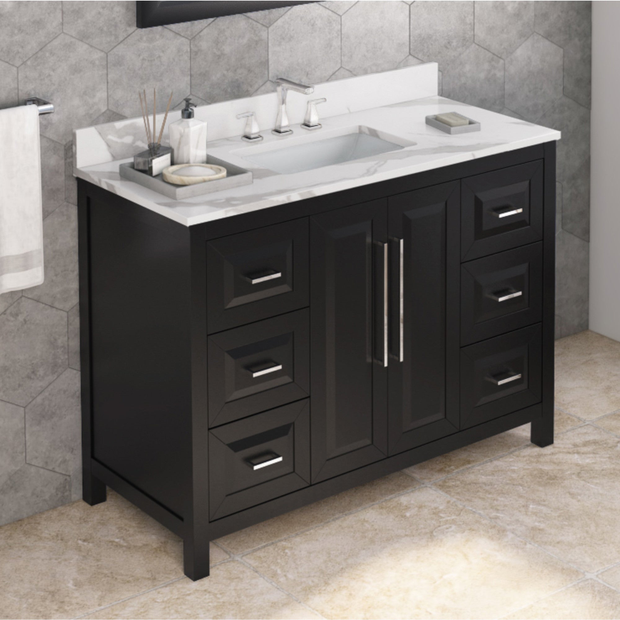 48" Black Cade Vanity, Calacatta Vienna Quartz Vanity Top, undermount rectangle bowl
