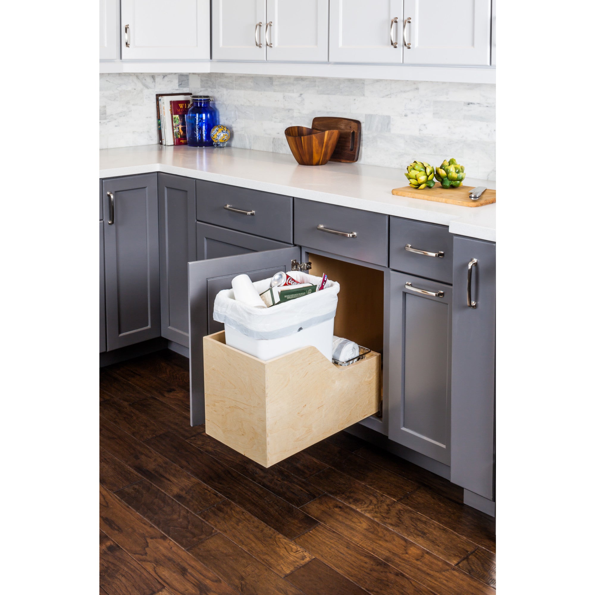 Single 35 Quart Wood Bottom-Mount Soft-close Trashcan Rollout for Hinged Doors, Includes One White Can