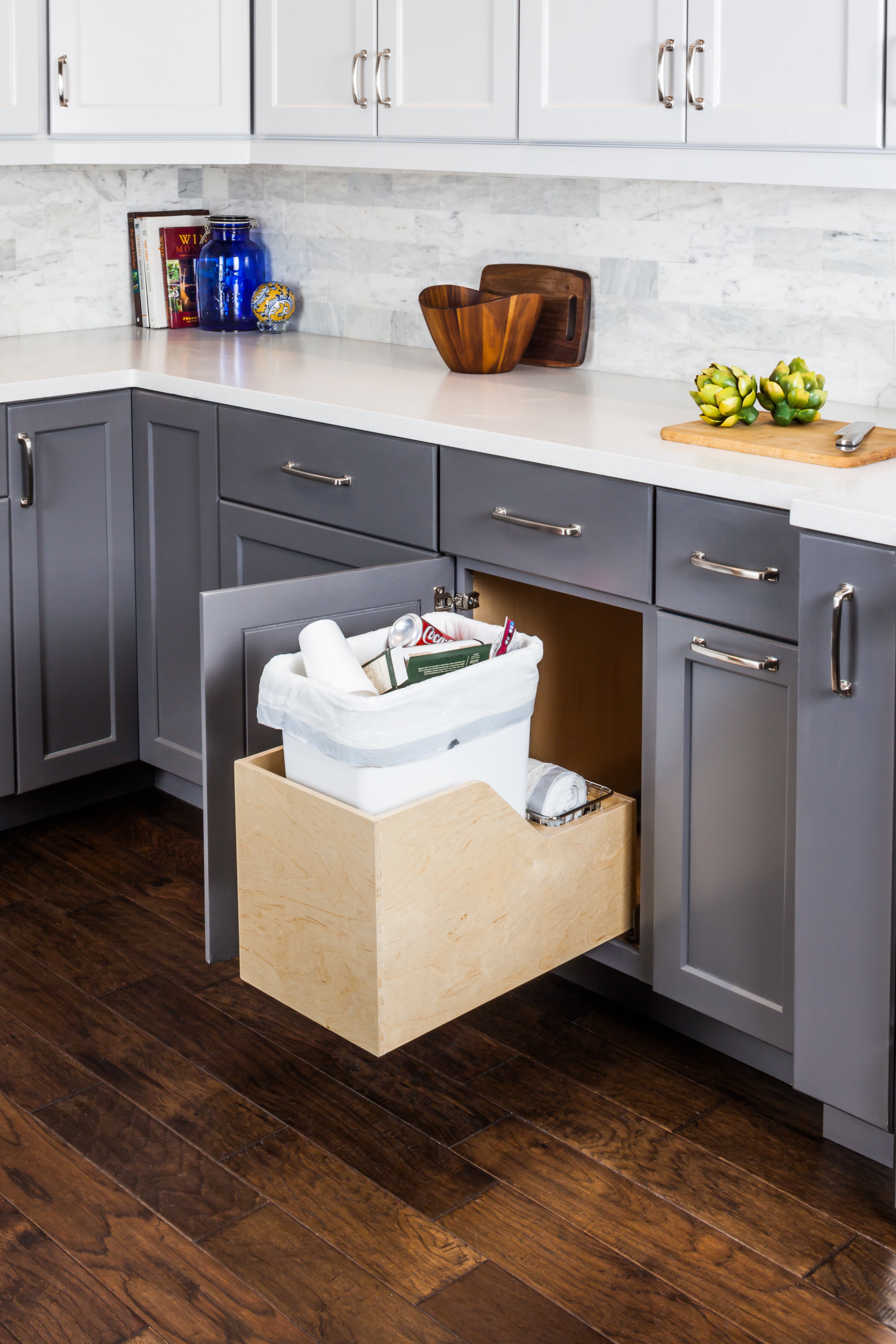 Single 35 Quart Wood Bottom-Mount Soft-close Trashcan Rollout for Hinged Doors, Includes One White Can