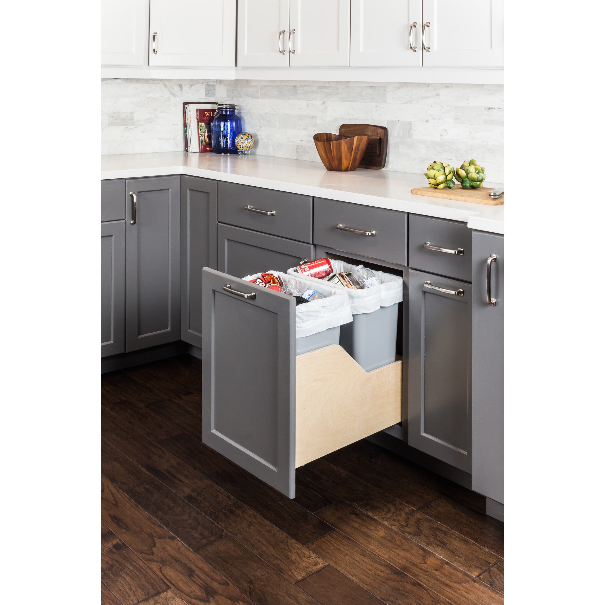 Double 35 Quart Wood Bottom-Mount Soft-close Trashcan Rollout for Door Mounting, Includes Two Grey Cans
