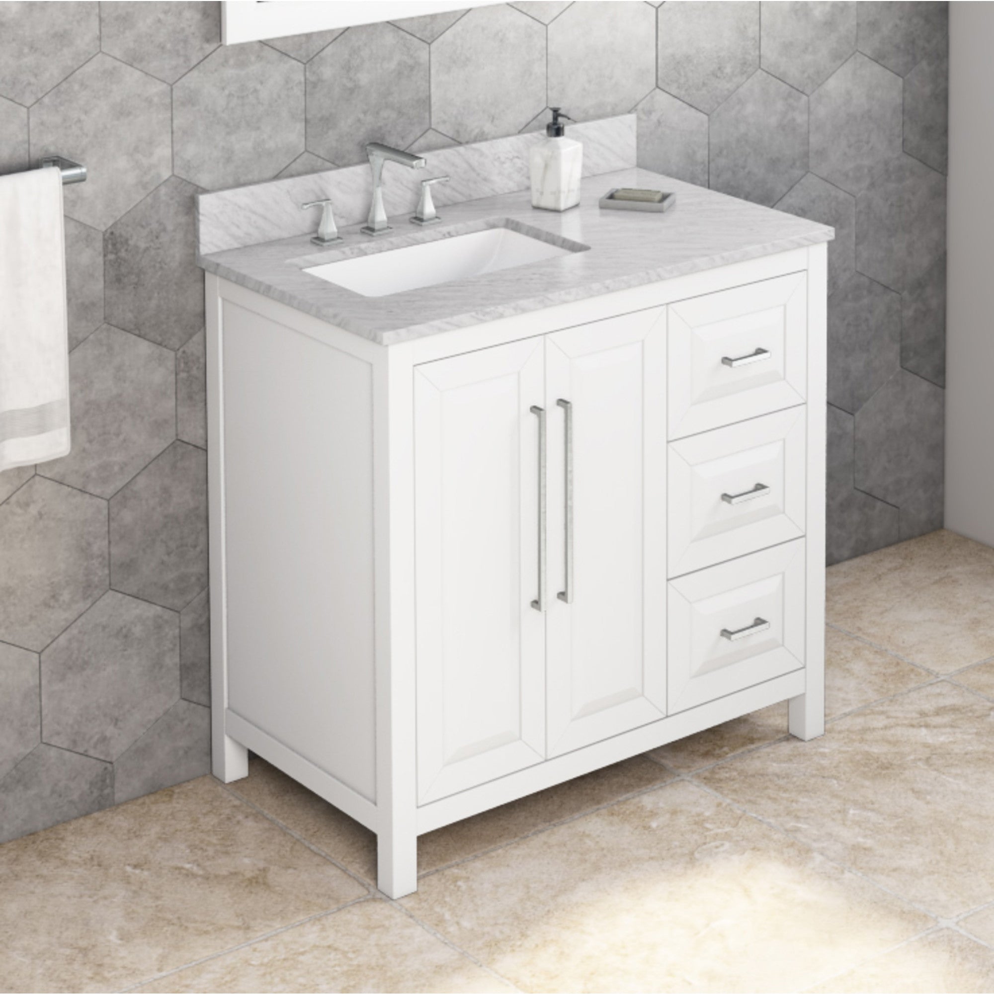 36" White Cade Vanity, left offset, White Carrara Marble Vanity Top, undermount rectangle bowl