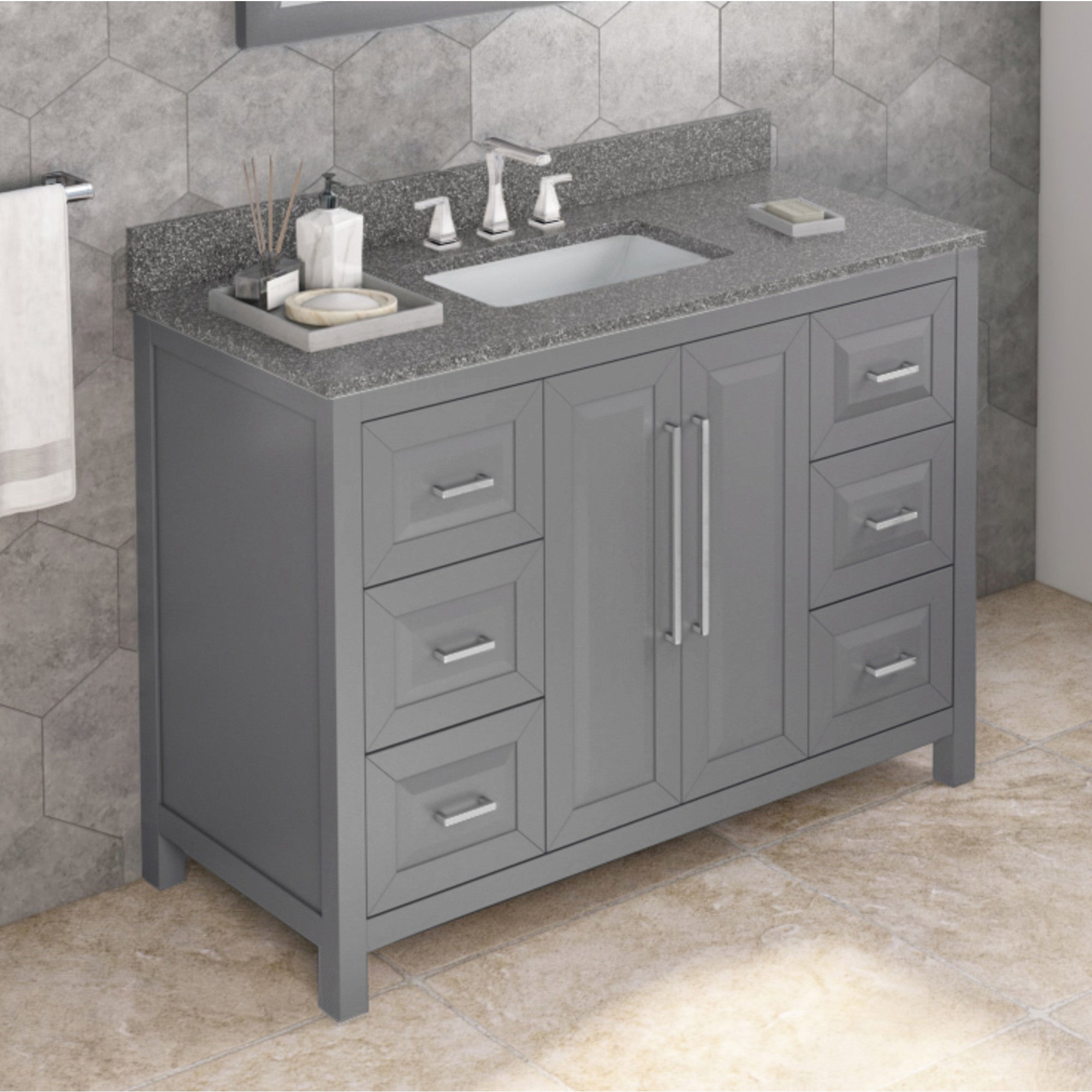 48" Grey Cade Vanity, Boulder Cultured Marble Vanity Top, undermount rectangle bowl