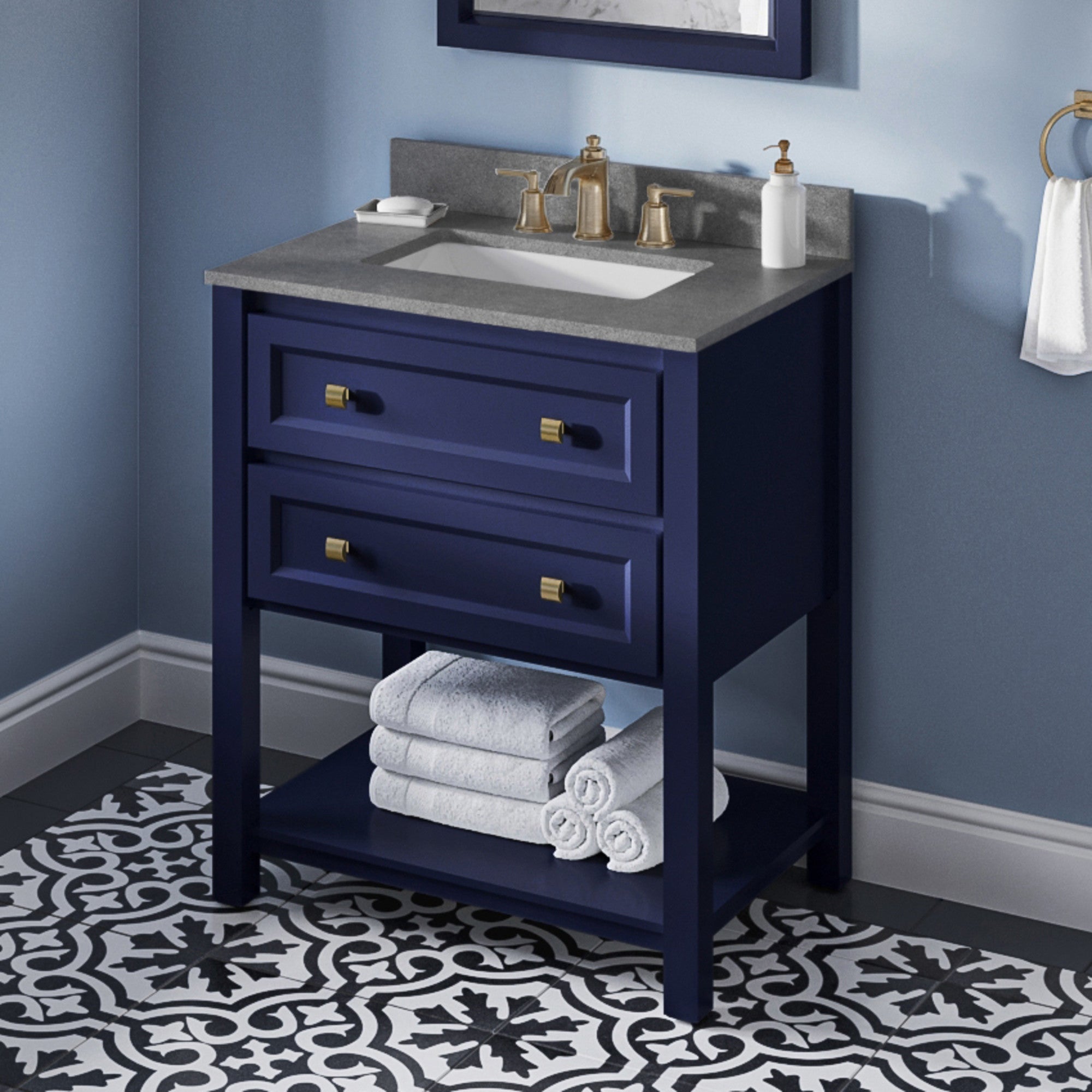 30" Hale Blue Adler Vanity, Steel Grey Cultured Marble Vanity Top, undermount rectangle bowl