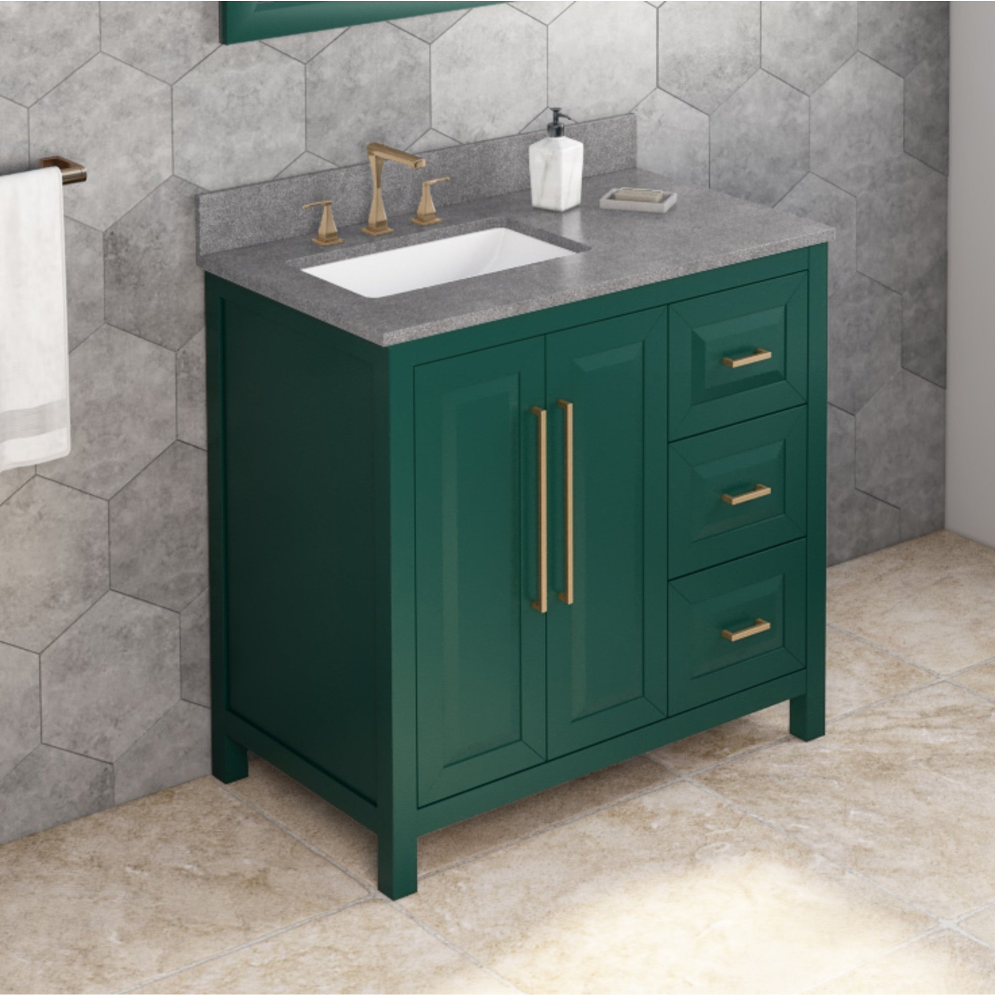 36" Forest Green Cade Vanity, left offset, Steel Grey Cultured Marble Vanity Top, undermount rectangle bowl