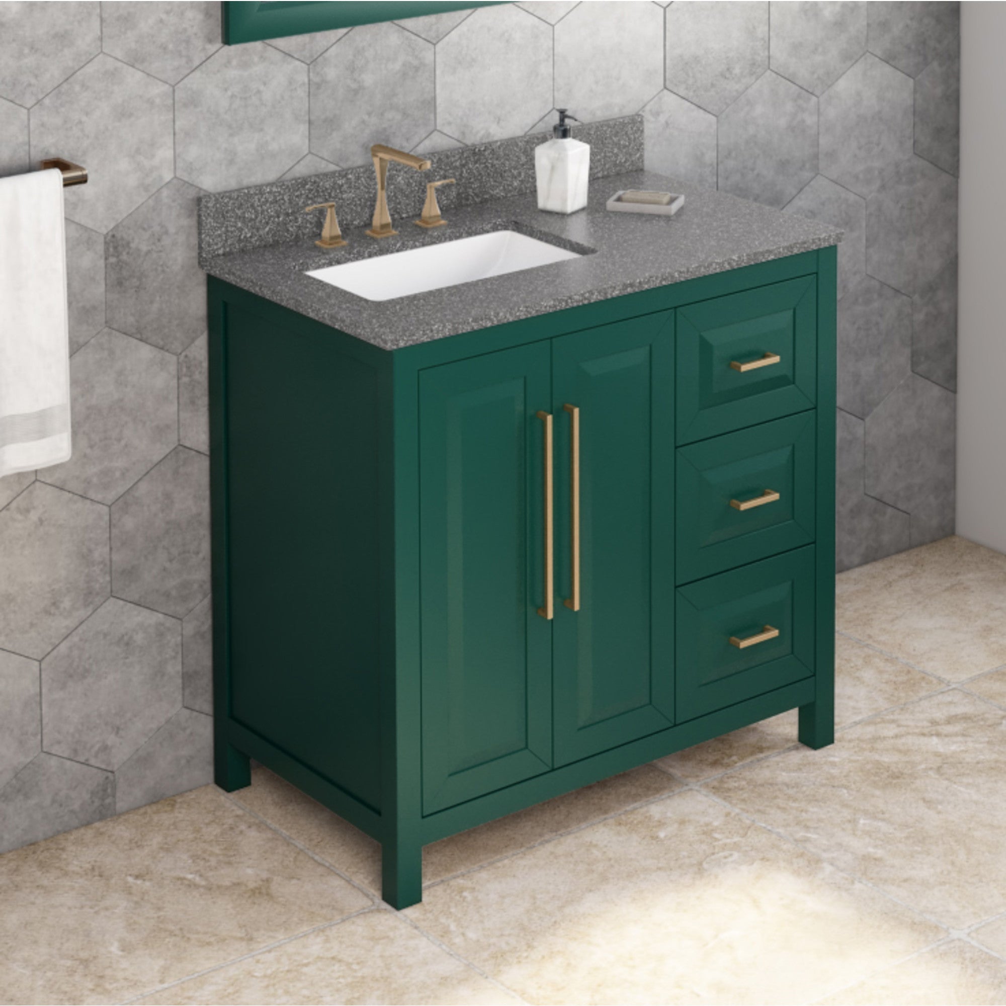 36" Forest Green Cade Vanity, left offset, Boulder Vanity Cultured Marble Vanity Top, undermount rectangle bowl
