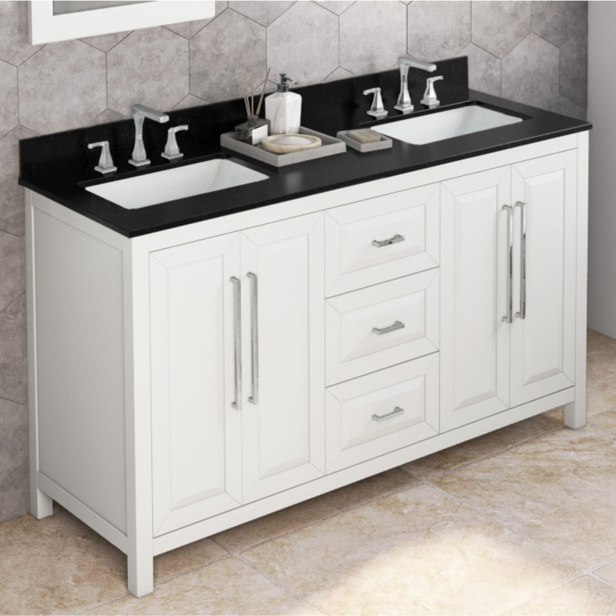 60" White Cade Vanity, double bowl, Black Granite Vanity Top, undermount rectangle bowl